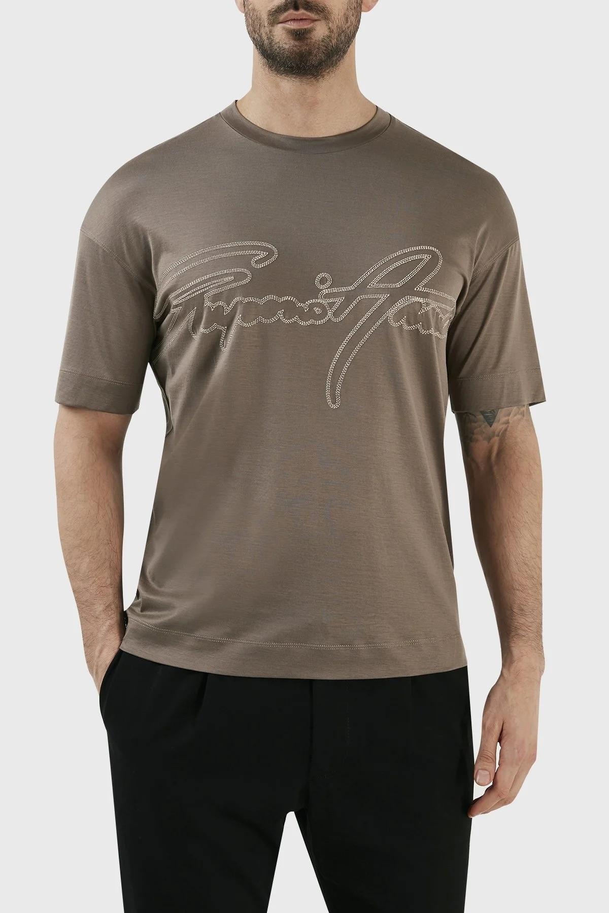 Emporio Armani Logolu Pamuk Karışımlı Bisiklet Yaka Regular Fit Erkek T Shirt 3R1TV2 1JUVZ 0440 TOPRAK - 6