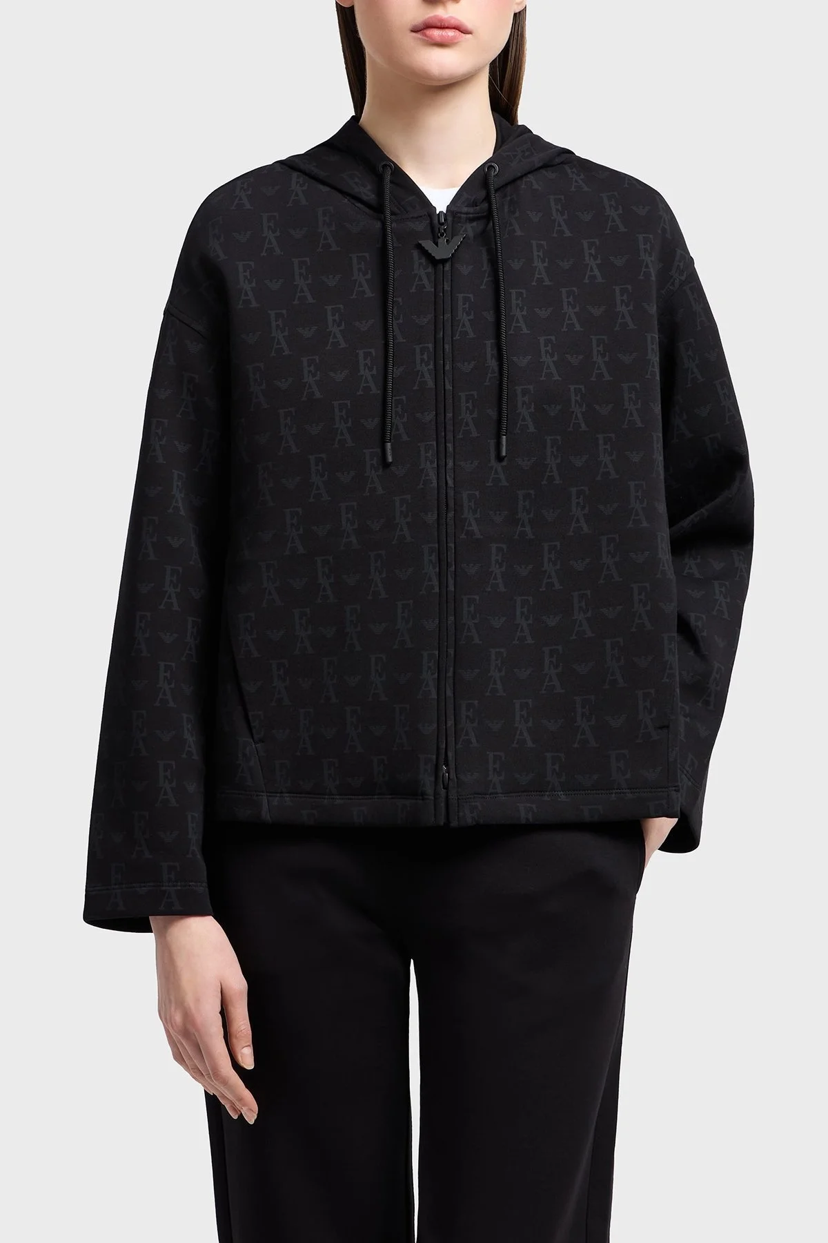Emporio Armani Logolu Pamuk Karışımlı Regular Fit Kapüşonlu Fermuarlı Bayan Sweat EW001026 AF10002 FC026 SİYAH - 5
