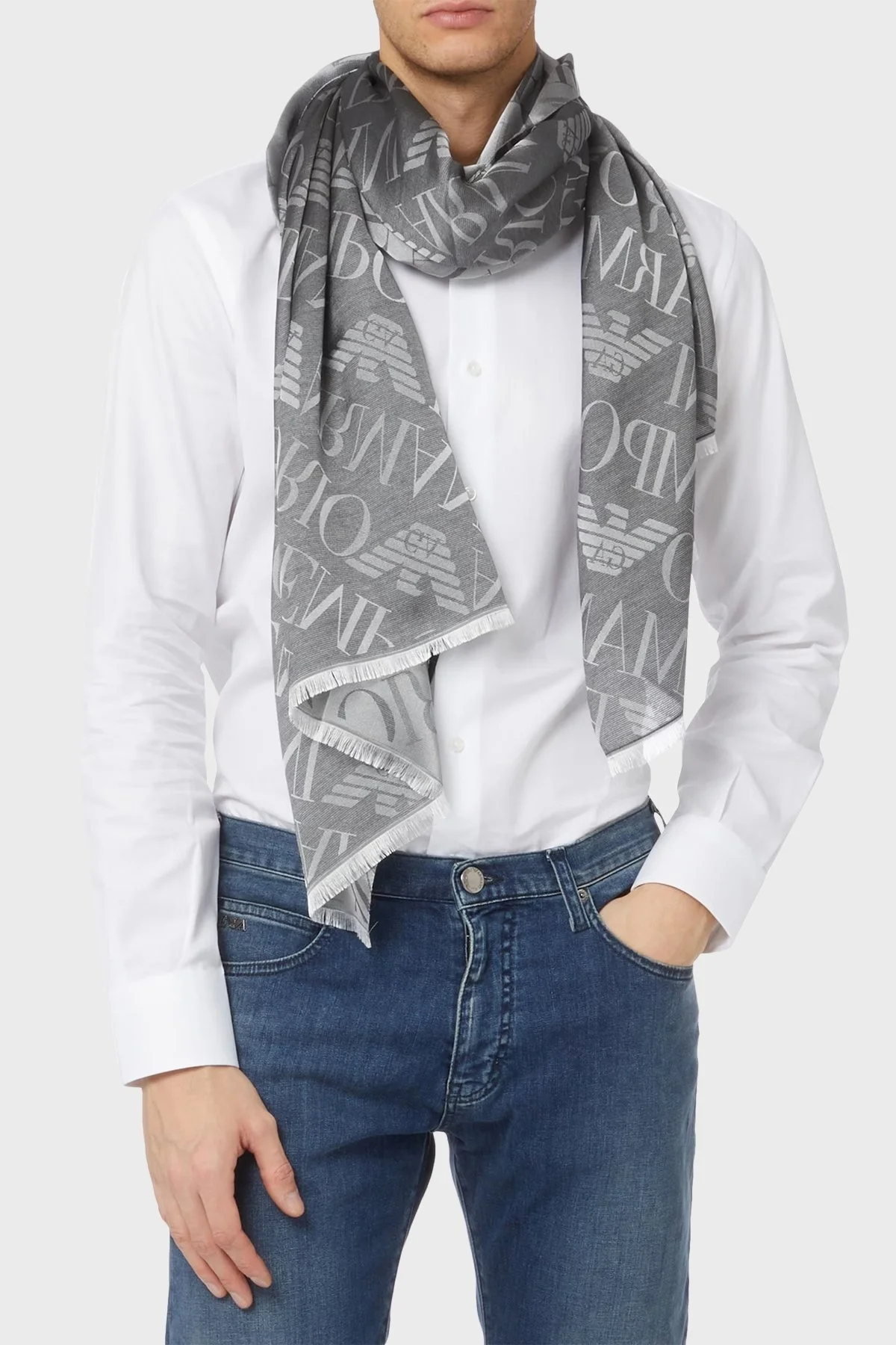 Emporio Armani Logolu Pamuk ve İpek Karışımlı 71 x 186 cm Unisex Şal 625278 3R335 00041 GRİ - 2