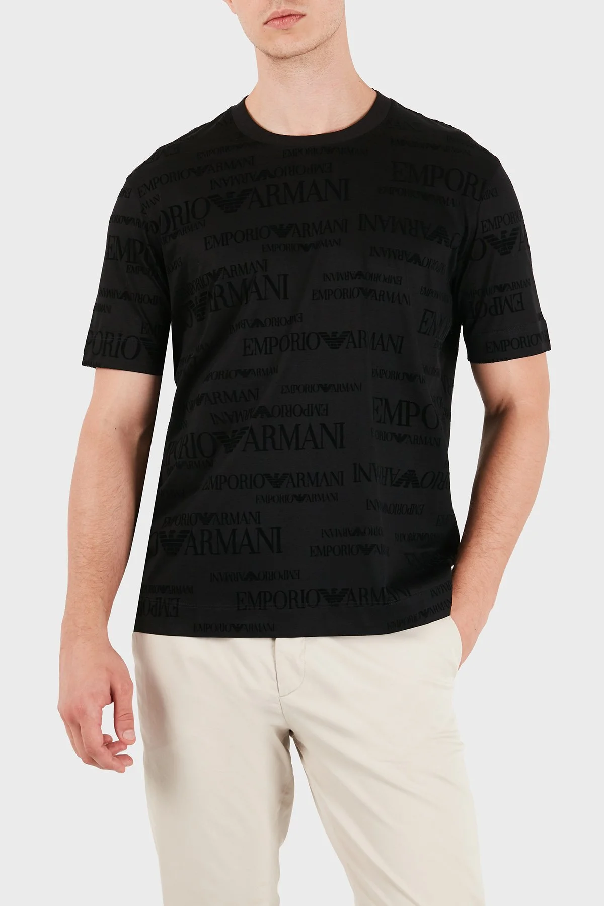 Emporio Armani Logolu Pamuklu Kadife Detaylı Bisiklet Yaka Erkek T Shirt EM007343 AF10017 FC376 Siyah - 1