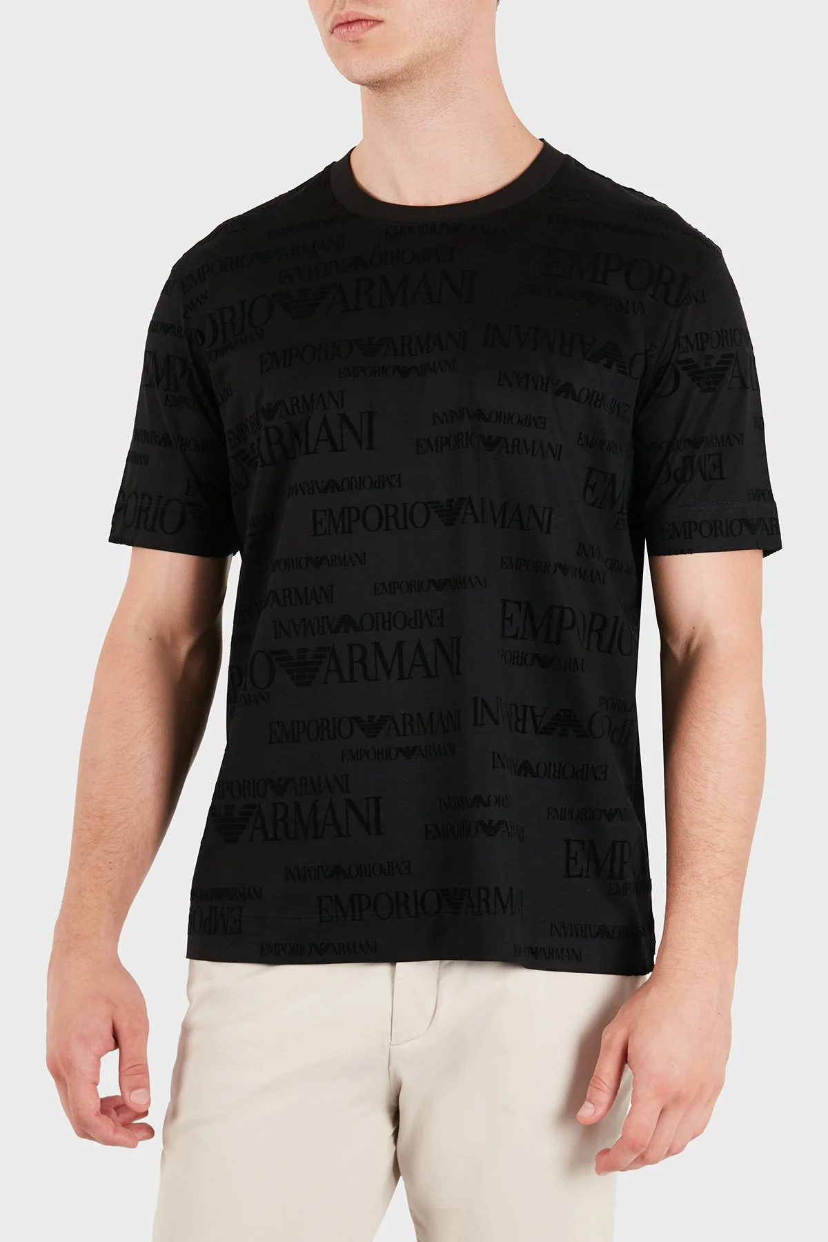 Emporio Armani Logolu Pamuklu Kadife Detaylı Bisiklet Yaka Erkek T Shirt EM007343 AF10017 FC376 Siyah - 4