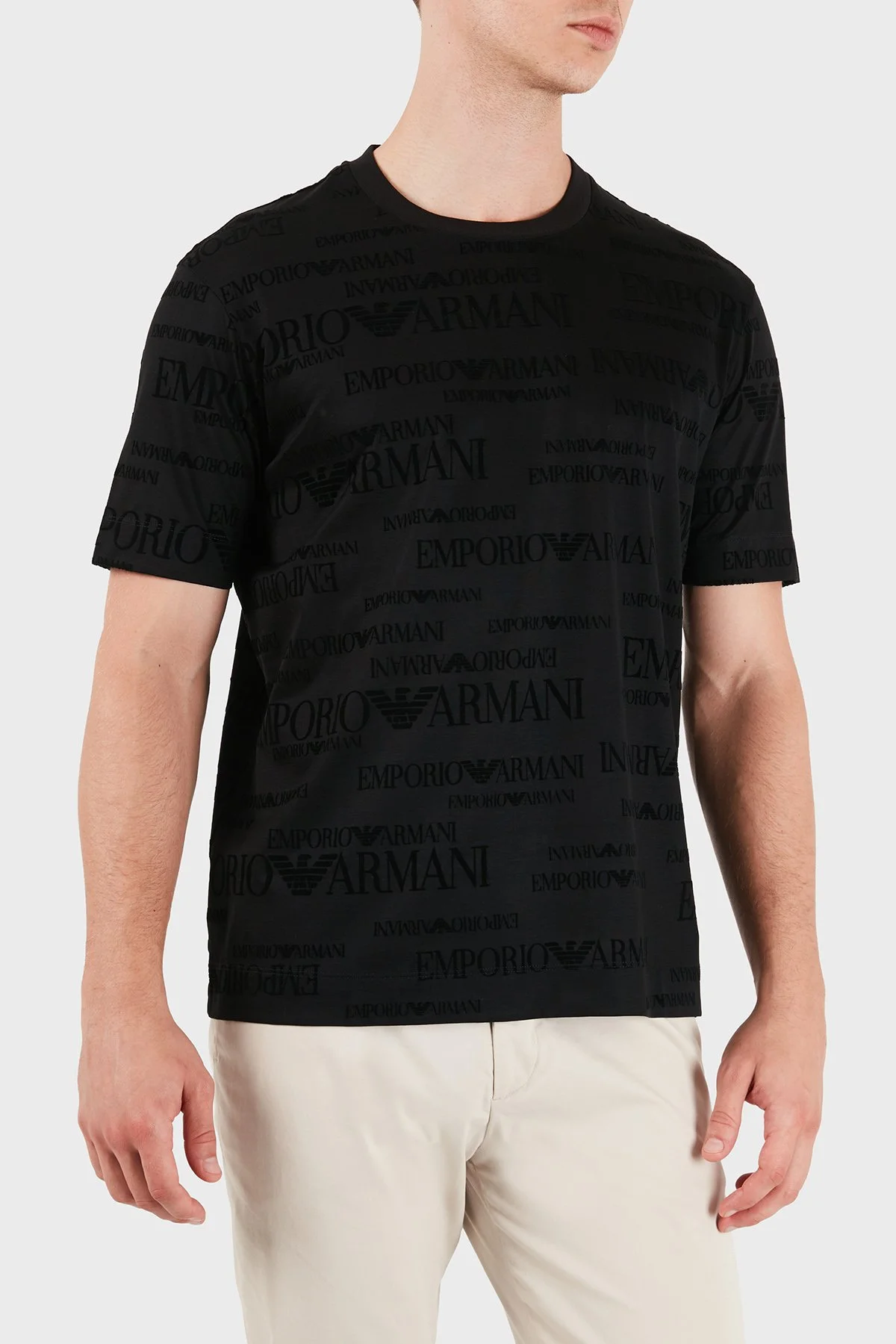 Emporio Armani Logolu Pamuklu Kadife Detaylı Bisiklet Yaka Erkek T Shirt EM007343 AF10017 FC376 Siyah - 5