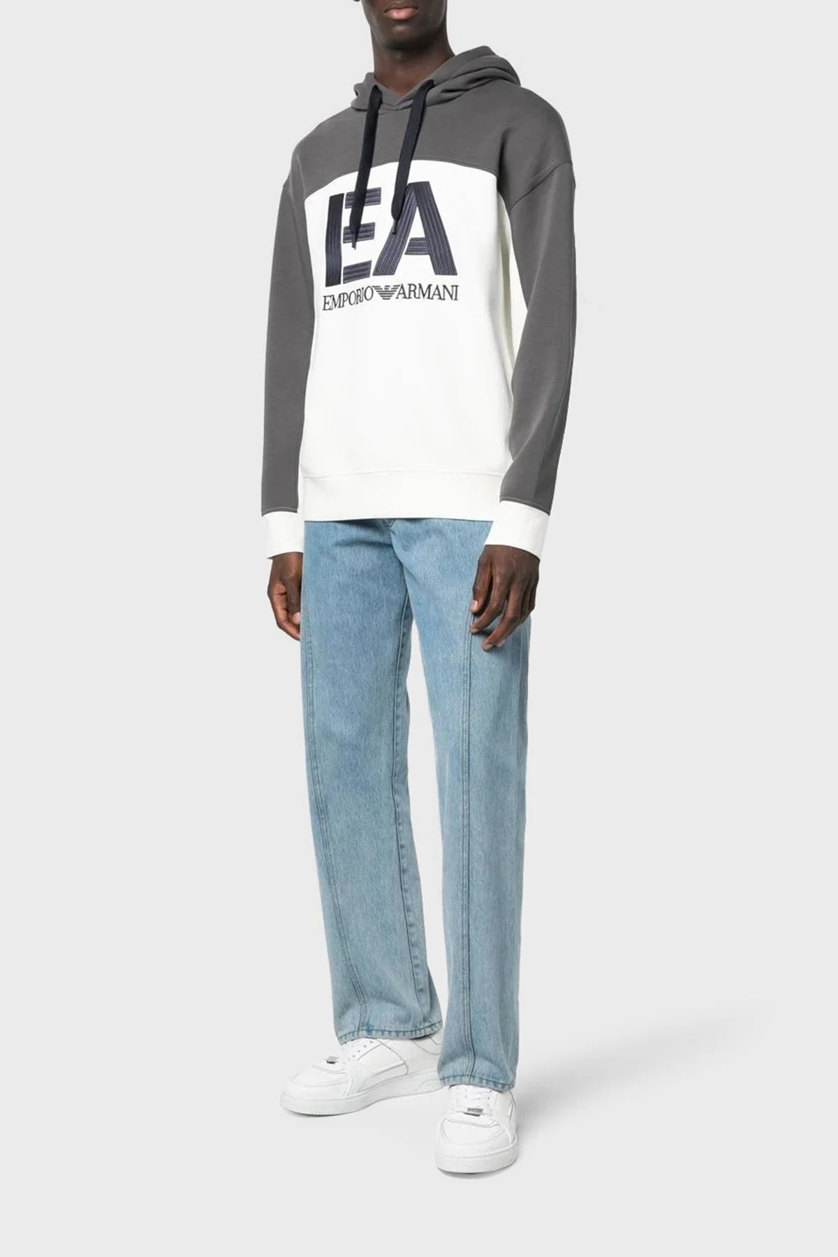 Emporio Armani Logolu Pamuklu Regular Fit Kapüşonlu Erkek Sweat 6L1MB1 1JHSZ 0128 BEYAZ-GRİ - 1
