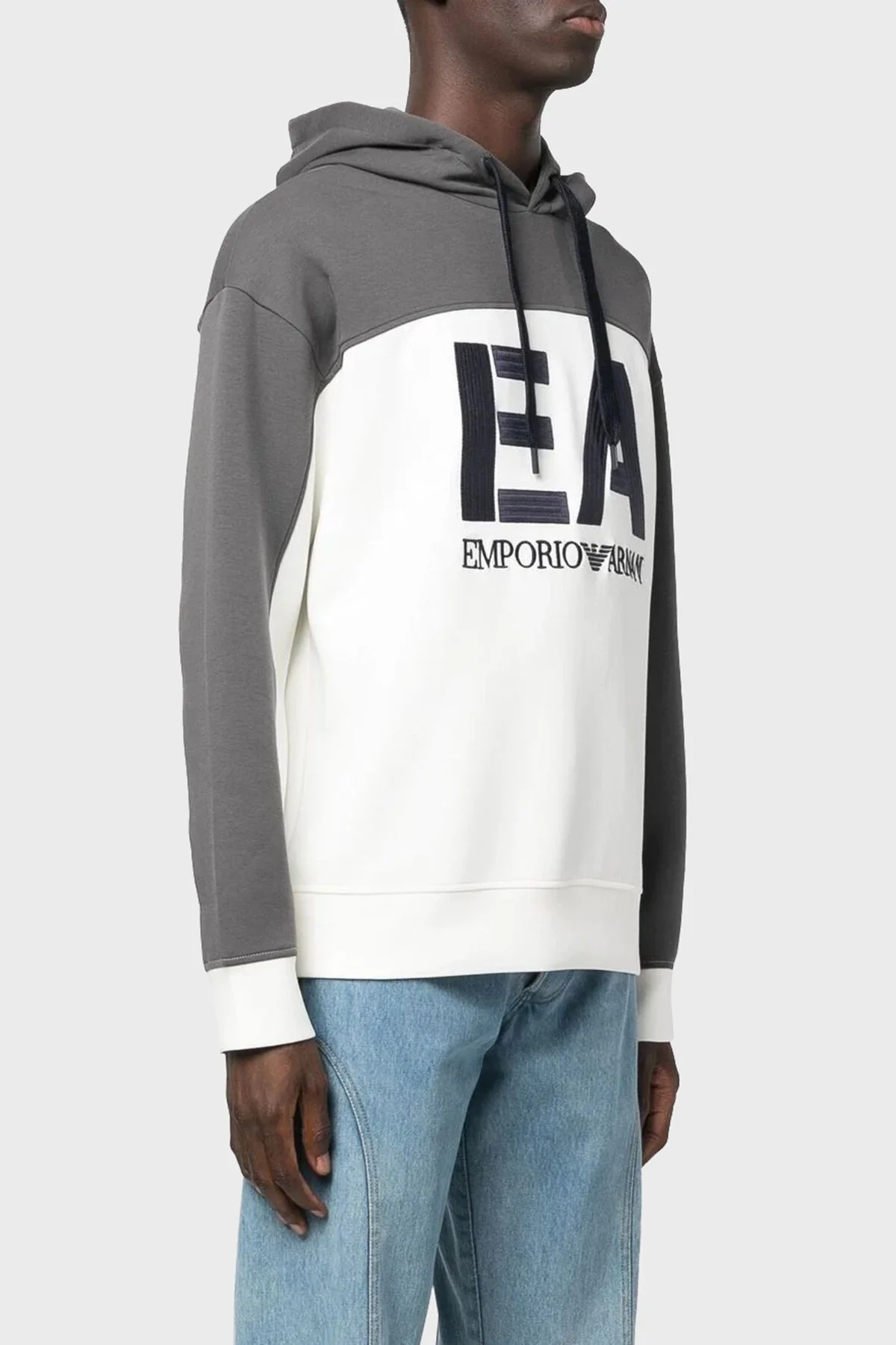 Emporio Armani Logolu Pamuklu Regular Fit Kapüşonlu Erkek Sweat 6L1MB1 1JHSZ 0128 BEYAZ-GRİ - 2