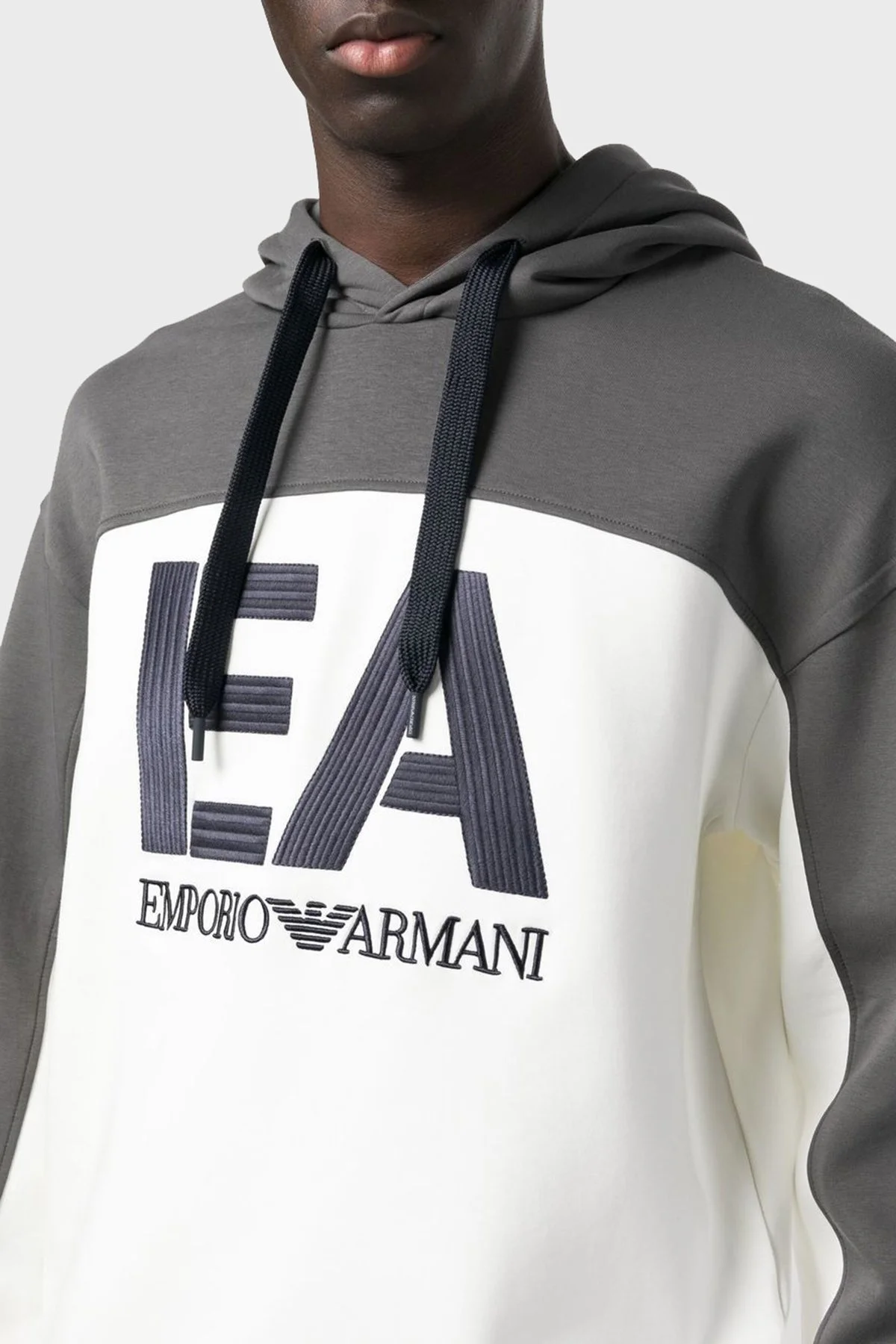 Emporio Armani Logolu Pamuklu Regular Fit Kapüşonlu Erkek Sweat 6L1MB1 1JHSZ 0128 BEYAZ-GRİ - 4