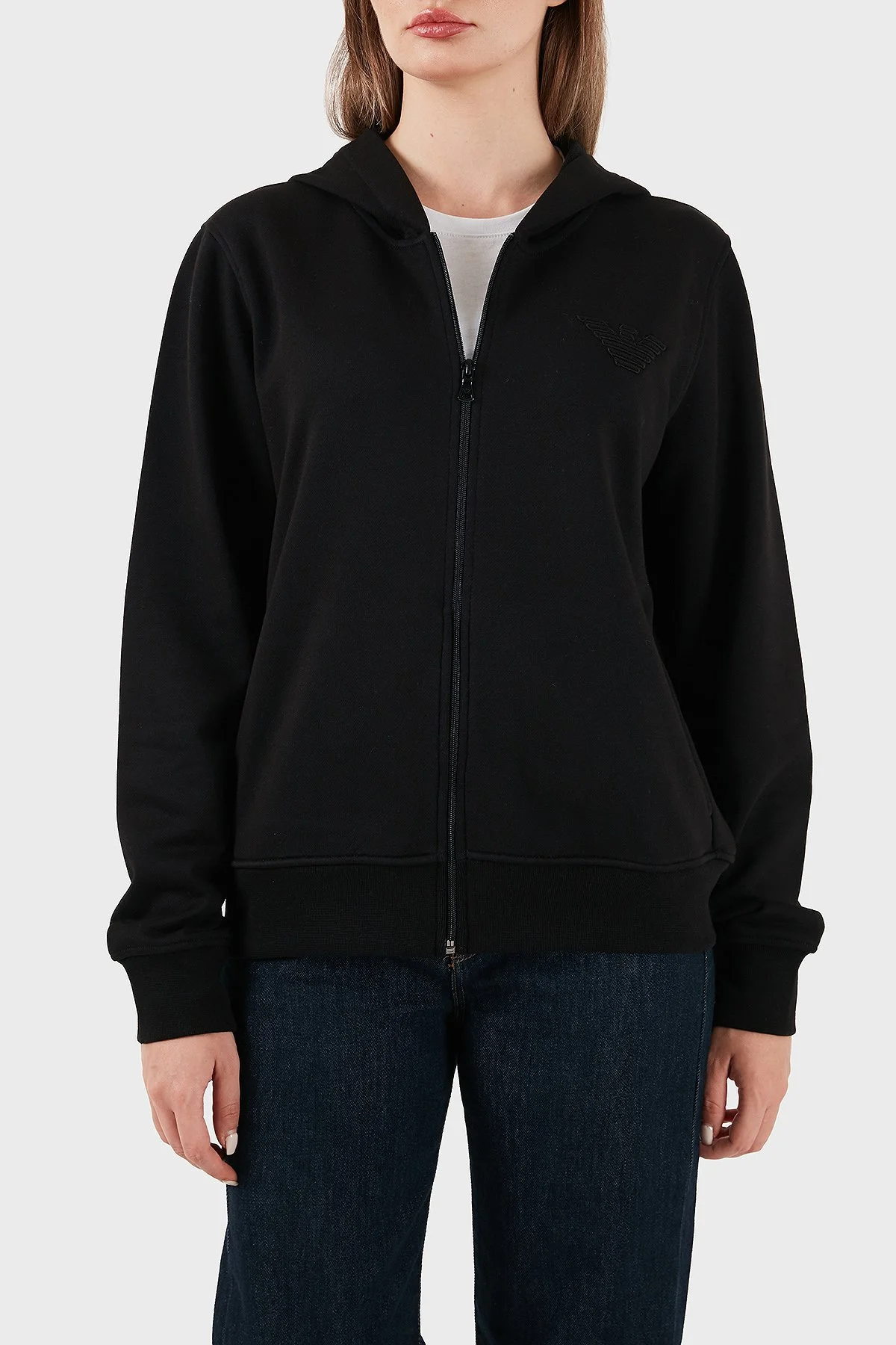 Emporio Armani Logolu Pamuklu Regular Fit Kapüşonlu Yaka Bayan Sweat EW000392 AF15356 UC001 SİYAH - 1