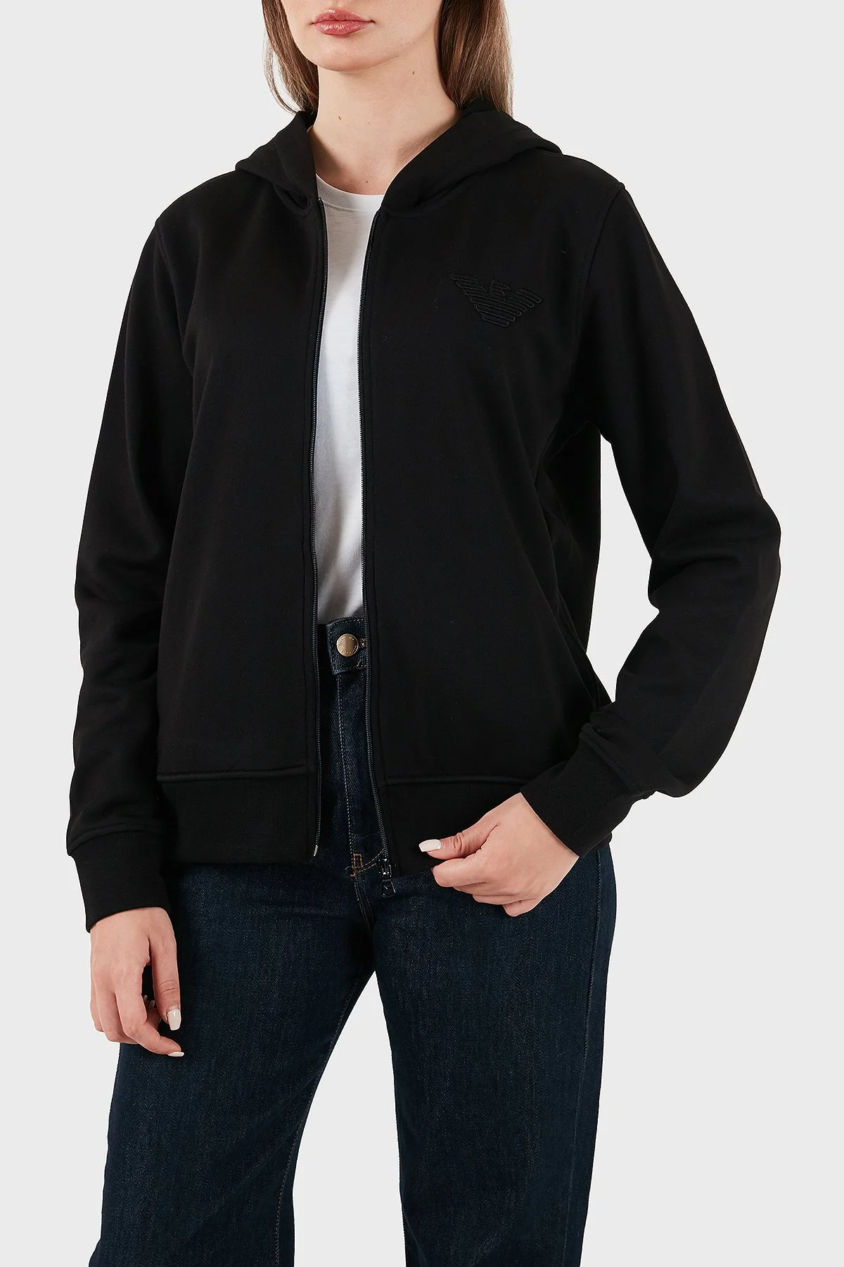 Emporio Armani Logolu Pamuklu Regular Fit Kapüşonlu Yaka Bayan Sweat EW000392 AF15356 UC001 SİYAH - 4