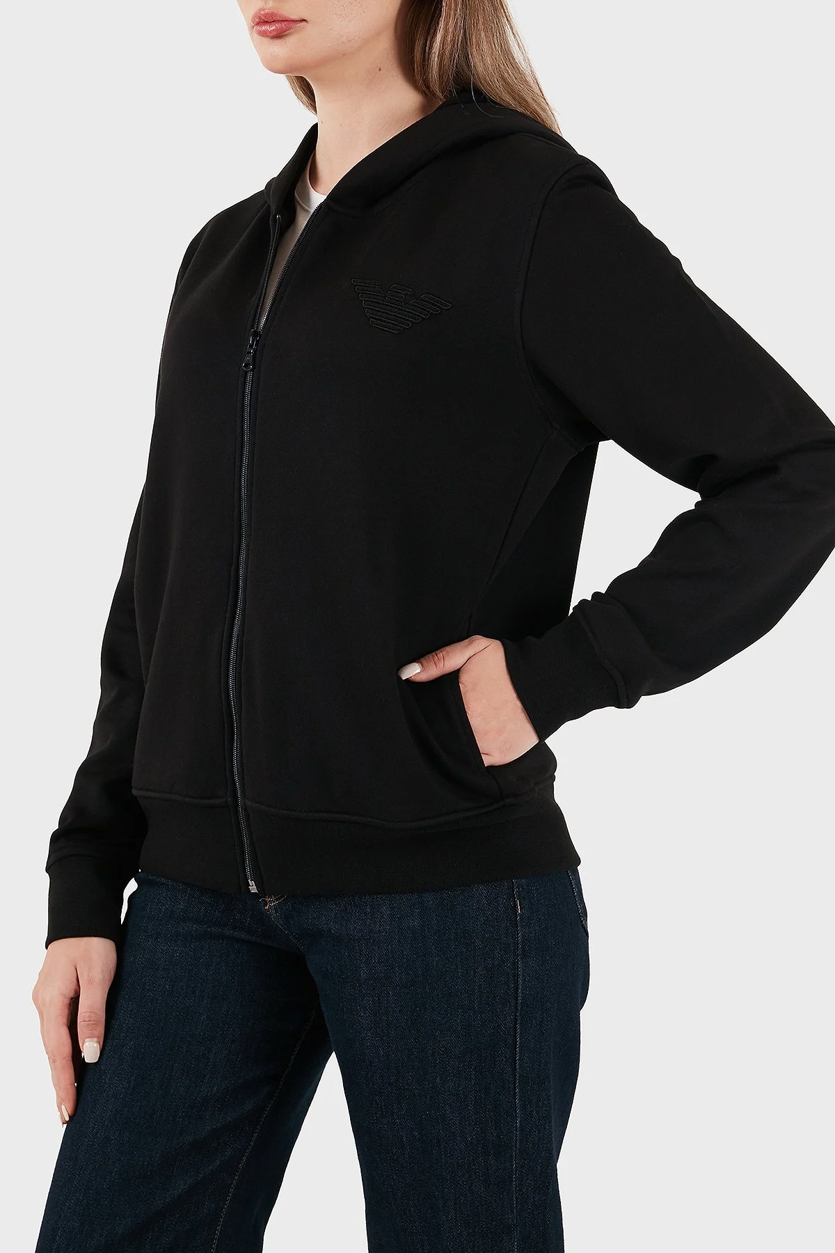 Emporio Armani Logolu Pamuklu Regular Fit Kapüşonlu Yaka Bayan Sweat EW000392 AF15356 UC001 SİYAH - 5