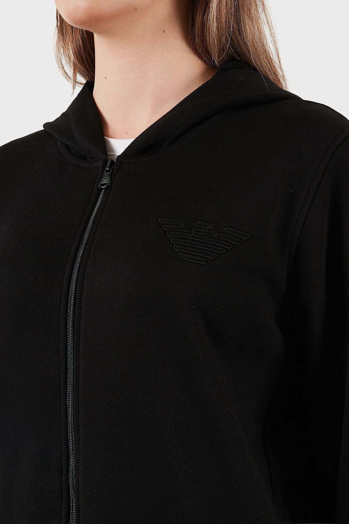 Emporio Armani Logolu Pamuklu Regular Fit Kapüşonlu Yaka Bayan Sweat EW000392 AF15356 UC001 SİYAH - 6