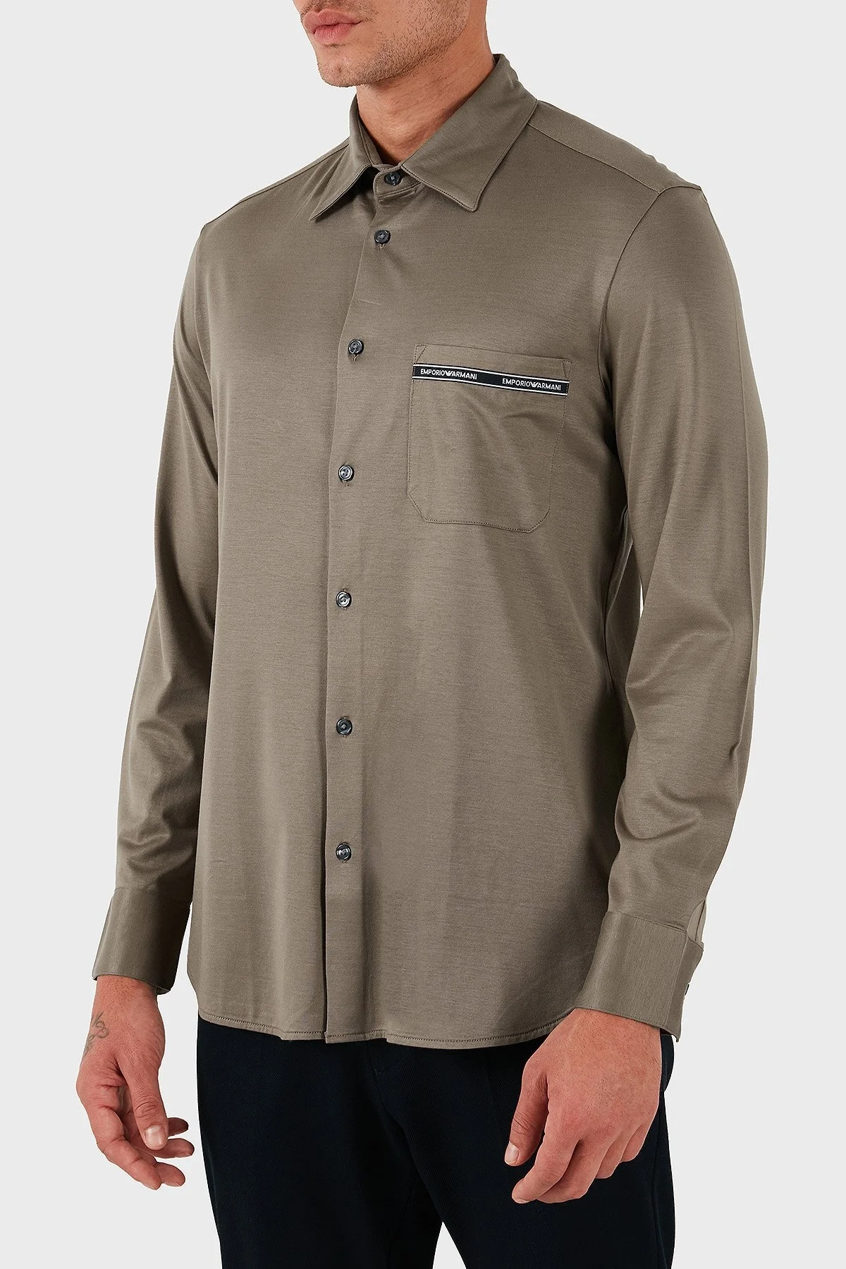 Emporio Armani Logolu Pamuklu Regular Fit Klasik Yaka Erkek Gömlek EM003055 AF10761 U6189 BEJ - 4