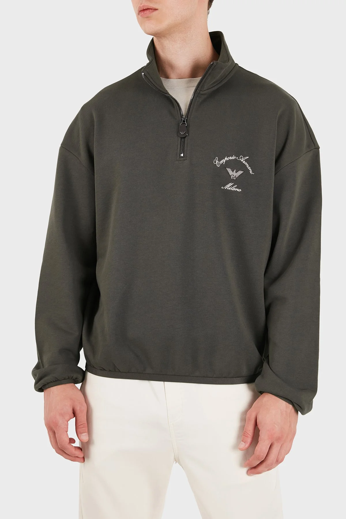 Emporio Armani Logolu Pamuklu Yarım Fermuarlı Dik Yaka Erkek Sweat EM006474 AF28006 U6139 Koyu kahve - 1