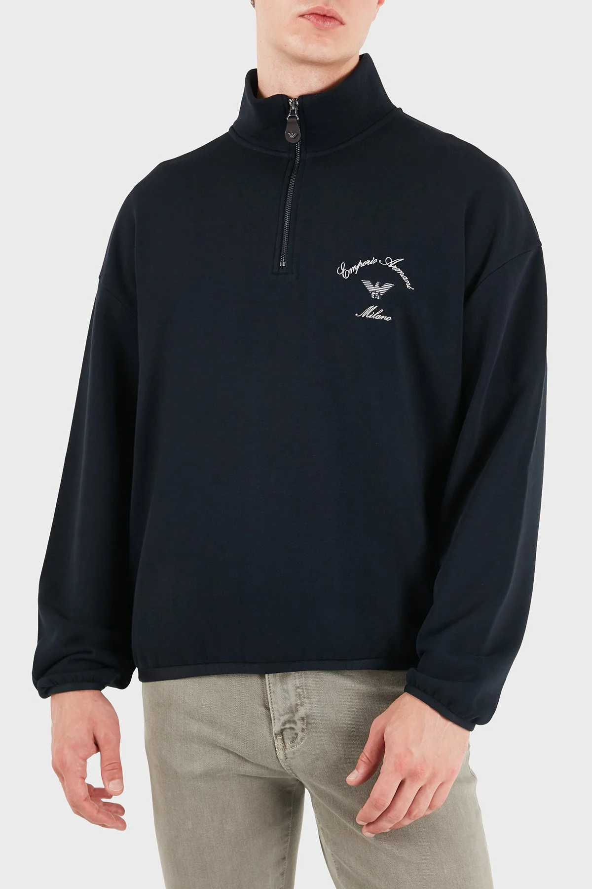 Emporio Armani Logolu Pamuklu Yarım Fermuarlı Dik Yaka Erkek Sweat EM006474 AF28006 UB118 Lacivert - 1