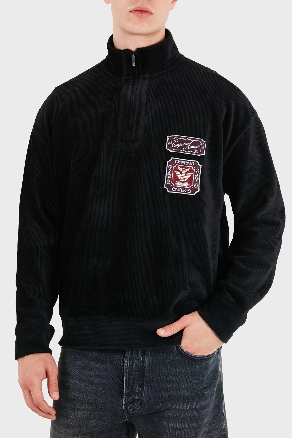 Emporio Armani Logolu Pamuklu Yarım Fermuarlı Dik Yaka Erkek Sweat EM006862 AF28110 UC001 Siyah - 3
