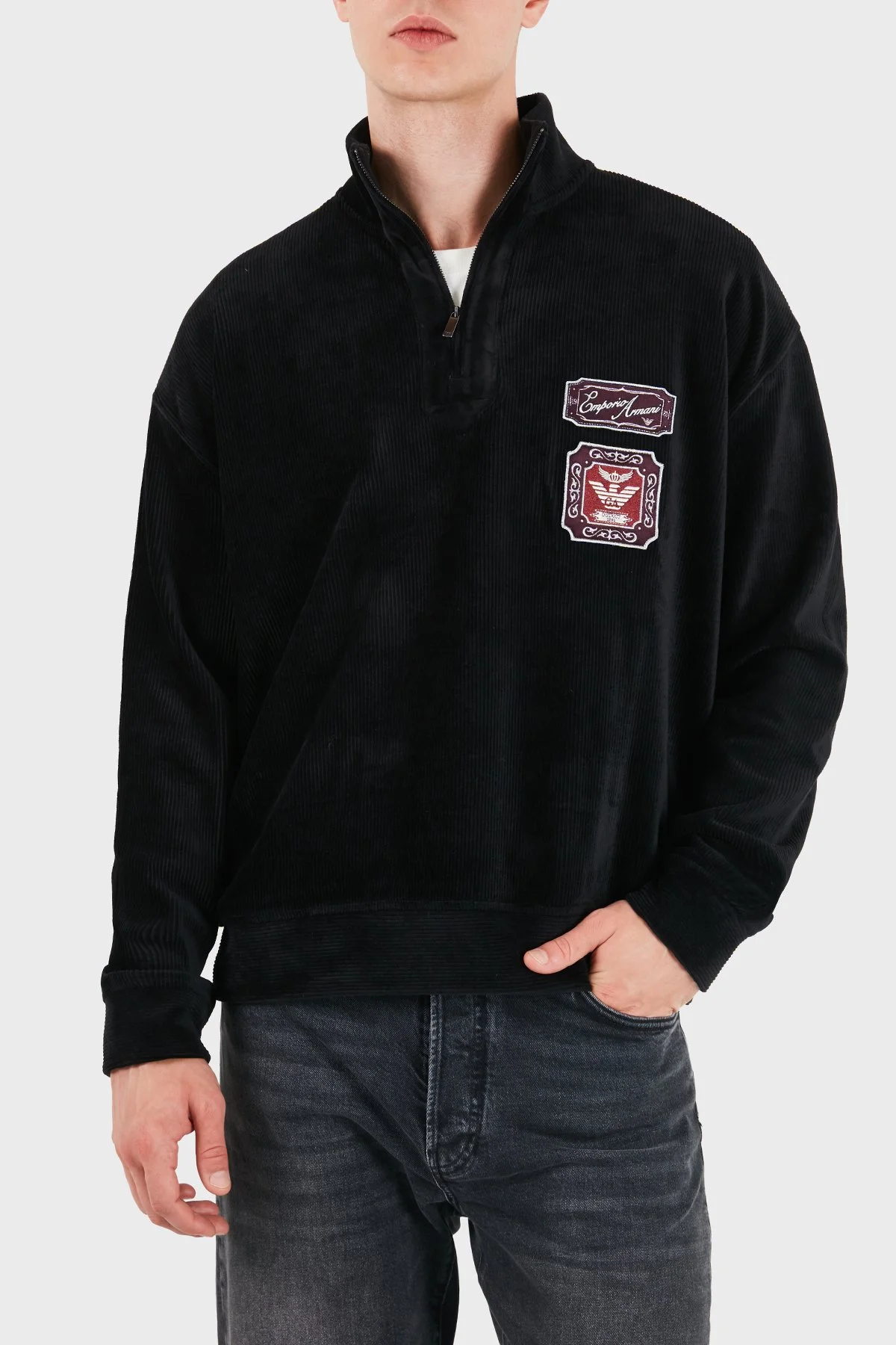 Emporio Armani Logolu Pamuklu Yarım Fermuarlı Dik Yaka Erkek Sweat EM006862 AF28110 UC001 Siyah - 5