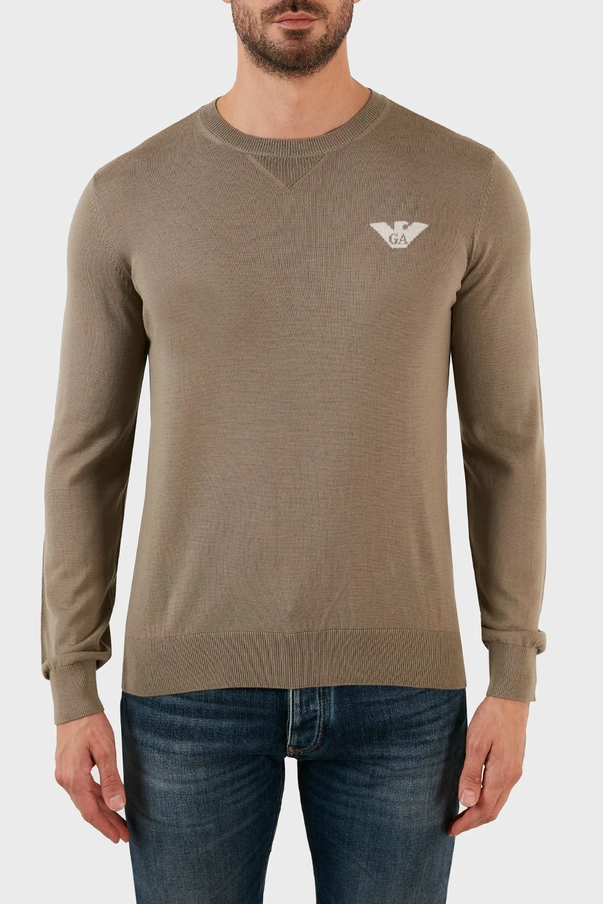 Emporio Armani Logolu Regular Fit Bisiklet Yaka % 100 Yün Erkek Kazak 6L1MXG 1MJVZ 0137 BEJ - 1