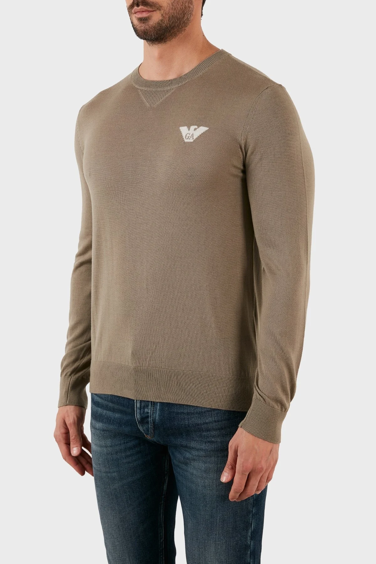 Emporio Armani Logolu Regular Fit Bisiklet Yaka % 100 Yün Erkek Kazak 6L1MXG 1MJVZ 0137 BEJ - 2