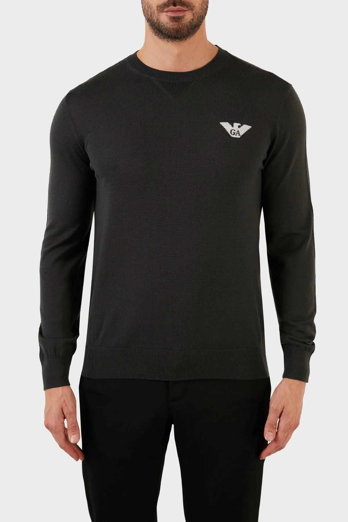 Emporio Armani Logolu Regular Fit Bisiklet Yaka % 100 Yün Erkek Kazak 6L1MXG 1MJVZ 0558 YEŞİL - 1