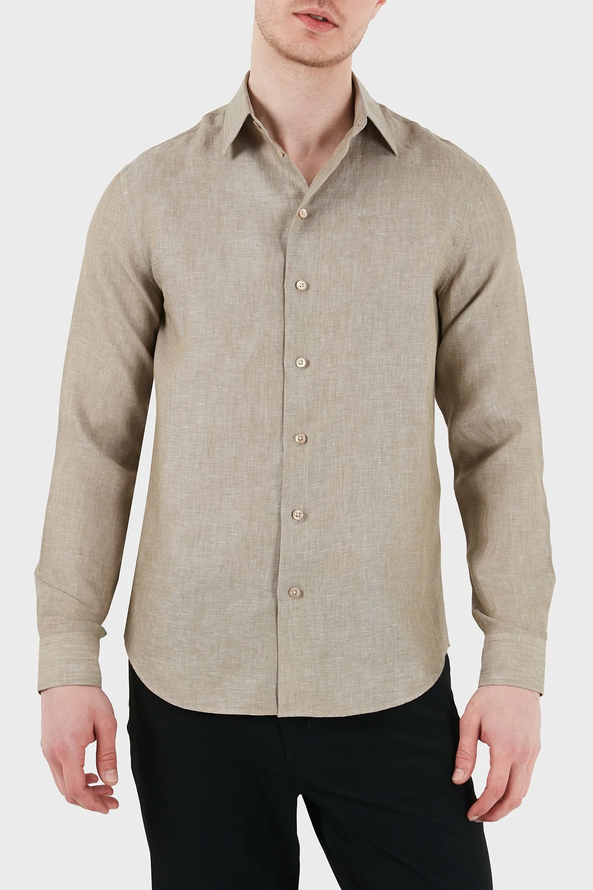 Emporio Armani Logolu Regular Fit Klasik Yaka Uzun Kollu Keten Erkek Gömlek EM000099 TE10157 O1002 HAKİ - 1