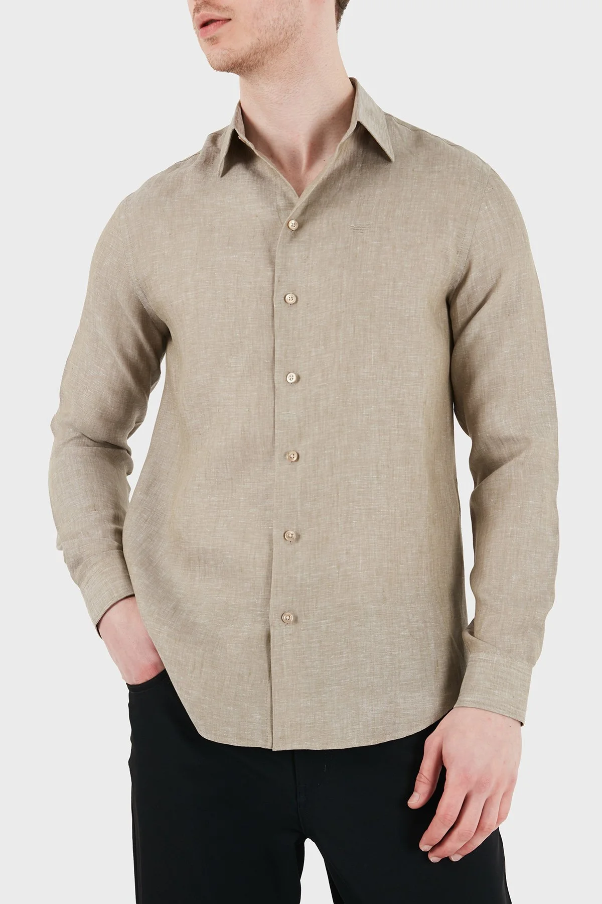 Emporio Armani Logolu Regular Fit Klasik Yaka Uzun Kollu Keten Erkek Gömlek EM000099 TE10157 O1002 HAKİ - 3