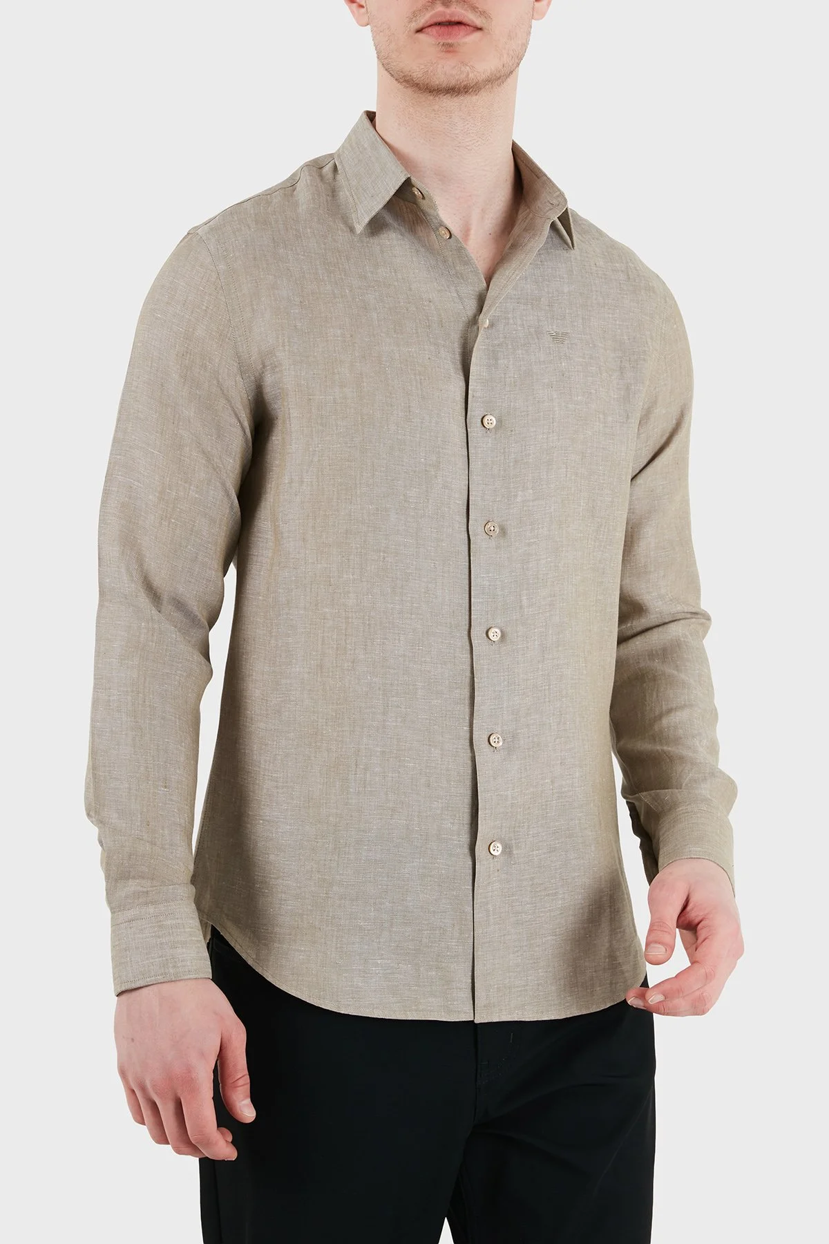 Emporio Armani Logolu Regular Fit Klasik Yaka Uzun Kollu Keten Erkek Gömlek EM000099 TE10157 O1002 HAKİ - 4