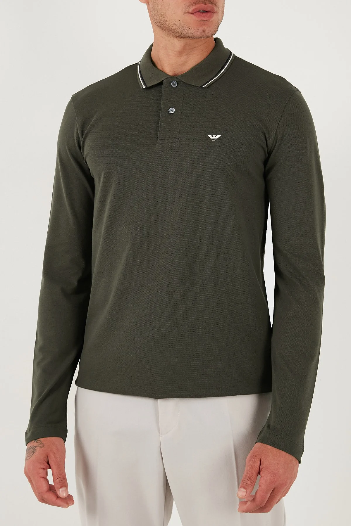 Emporio Armani Logolu Regular Fit Pamuklu Uzun Kollu Erkek Polo Yaka Sweat 8N1FB5 1JPTZ U8120 HAKİ - 1
