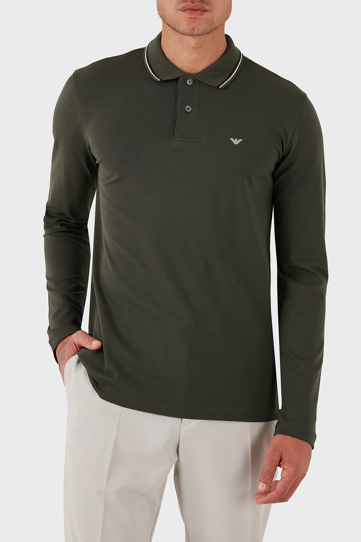 Emporio Armani Logolu Regular Fit Pamuklu Uzun Kollu Erkek Polo Yaka Sweat 8N1FB5 1JPTZ U8120 HAKİ - 3