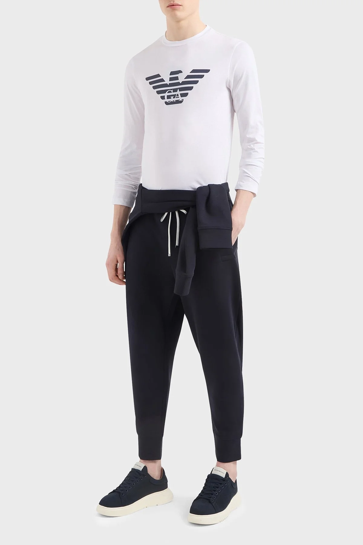 Emporio Armani Logolu Slim Fit Bisiklet Yaka Uzun Kollu Pamuklu Erkek T Shirt 8N1TN8 1JPZZ 0147 BEYAZ-LACİVERT - 8