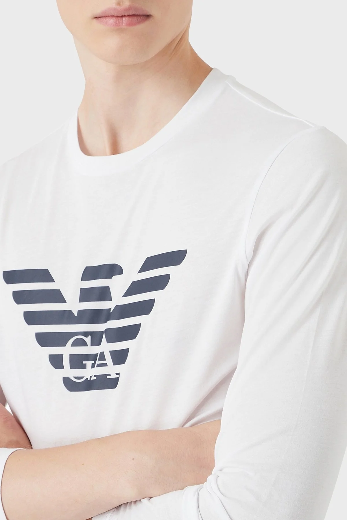 Emporio Armani Logolu Slim Fit Bisiklet Yaka Uzun Kollu Pamuklu Erkek T Shirt 8N1TN8 1JPZZ 0147 BEYAZ-LACİVERT - 10