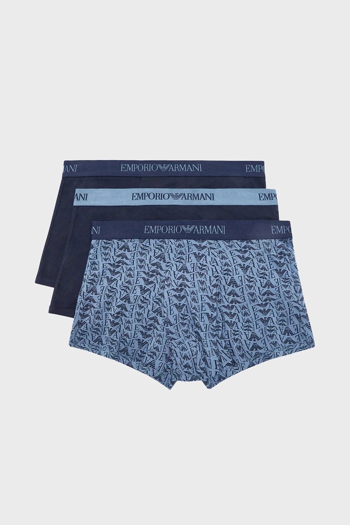 Emporio Armani Logolu Streç Pamuklu 3 Pack Erkek Boxer 111625 4F722 75536 Lacivert-Açık Mavi-Lacivert - 1