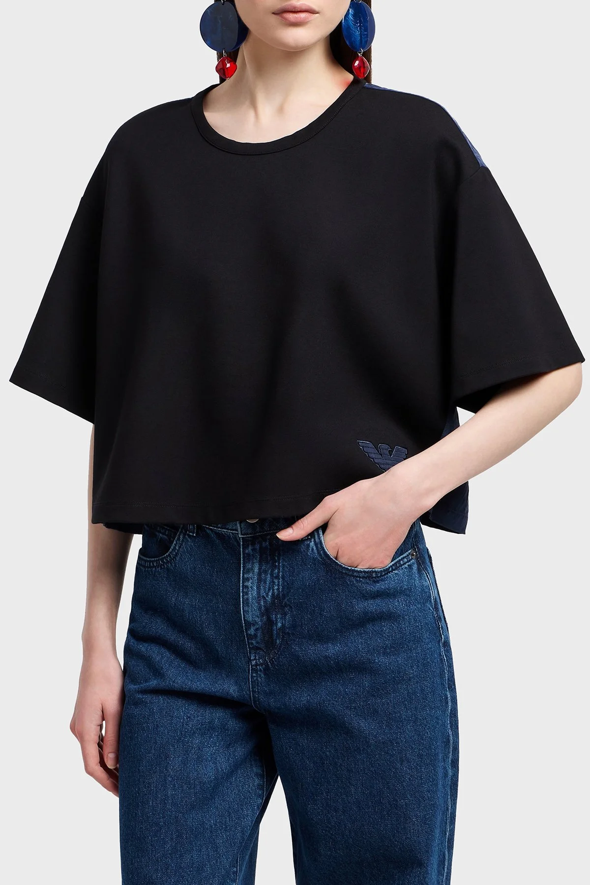 Emporio Armani Loose Fit Bisiklet Yaka Arka Kısmı Cupro Kadın T Shirt EW000488 AF12911 UC001 SİYAH - 1
