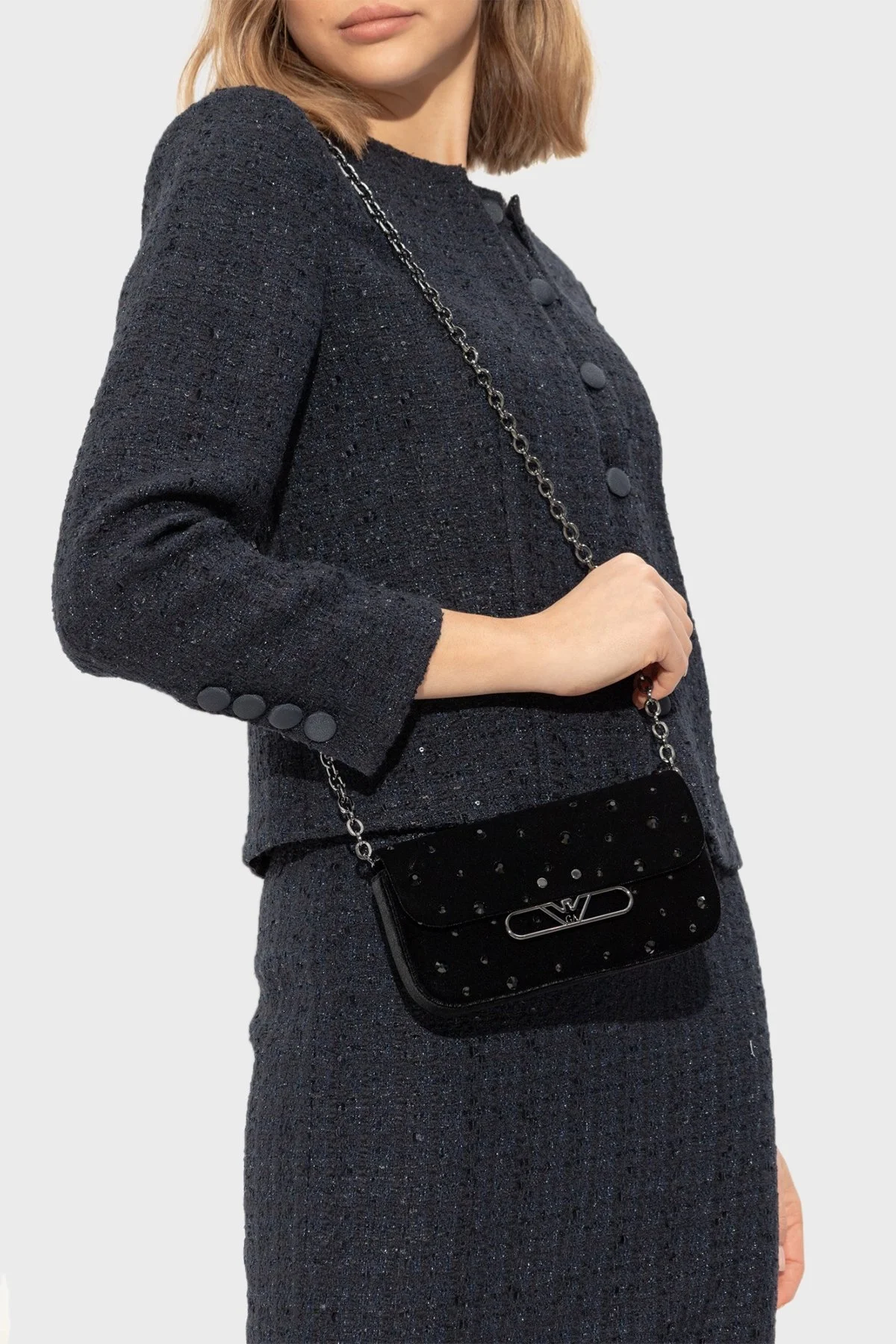 Emporio Armani Metal Logolu Taşlı Kadife Mini Bayan Çanta EW001492 AF14788 UC001 SİYAH - 8