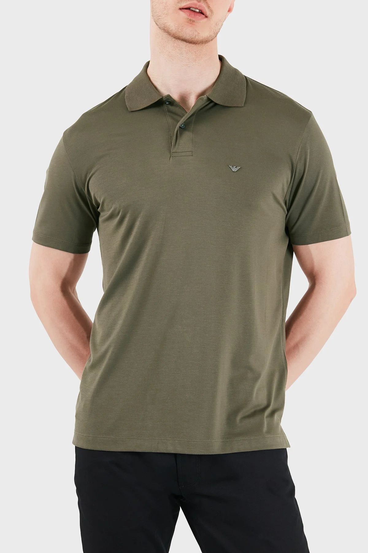 Emporio Armani Modal ve İpek Karışımlı Kısa Kollu Düğmeli Erkek Polo EM004526 AF13721 U6200 HAKİ - 4