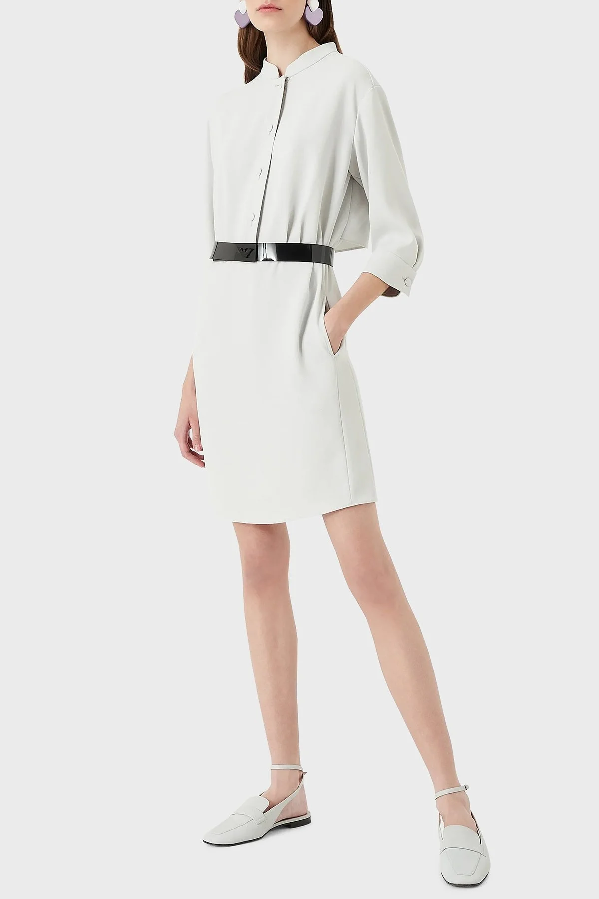 Emporio Armani Önden Düğmeli Regular Fit Truvakar Kol Kemerli Bayan Elbise H3NA2B C9900 602 AÇIK GRİ - 11