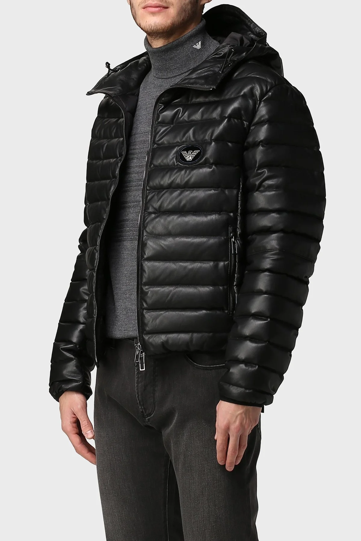 Emporio Armani Ördek Tüyü Dolgulu Kapüşonlu % 100 Kuzu Derisi Erkek Mont B1R03P B1P03 999 SİYAH - 4