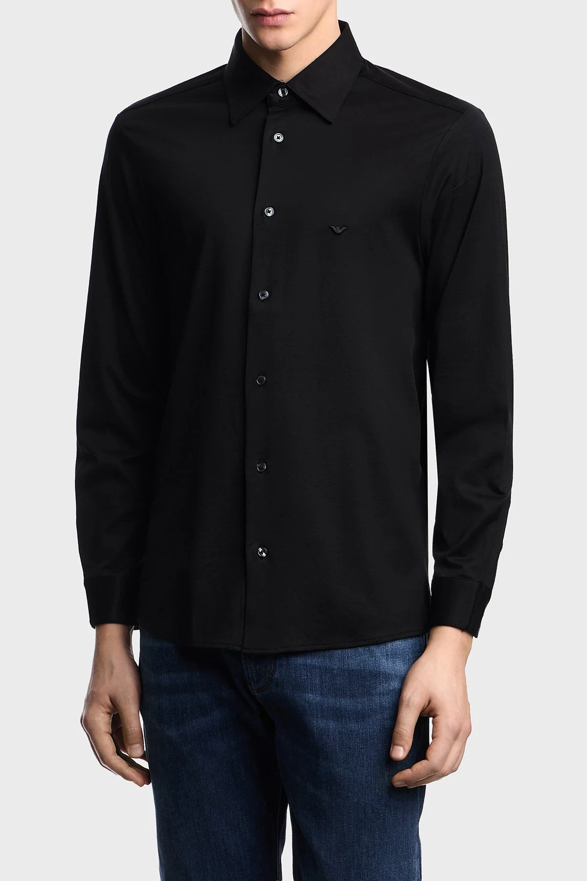 Emporio Armani Pamuk Karışım Slim Fit Logolu Uzun Kollu Erkek Gömlek EM004604 AF10017 UC001 SİYAH - 1