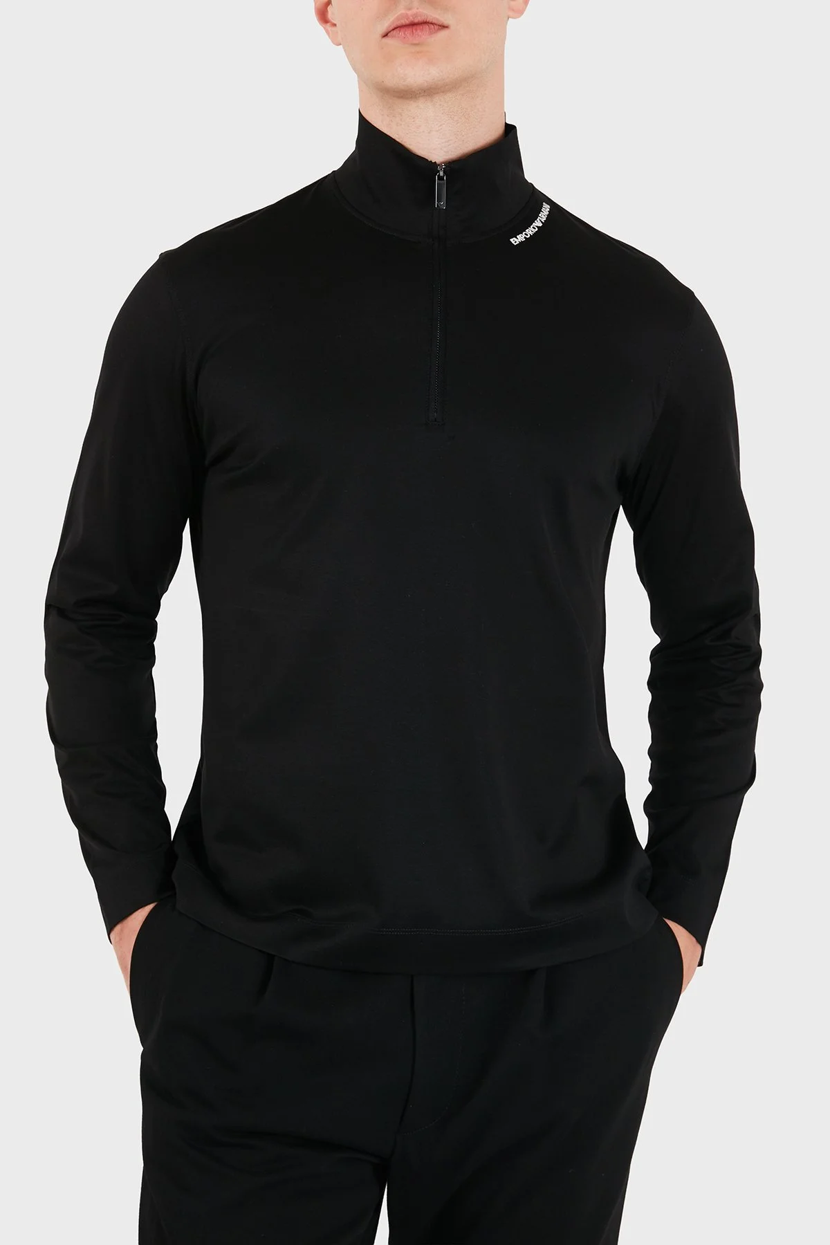 Emporio Armani Pamuk Karışımlı Dik Yaka Yarım Fermuarlı Erkek T Shirt EM006806 AF10761 UC001 Siyah - 1