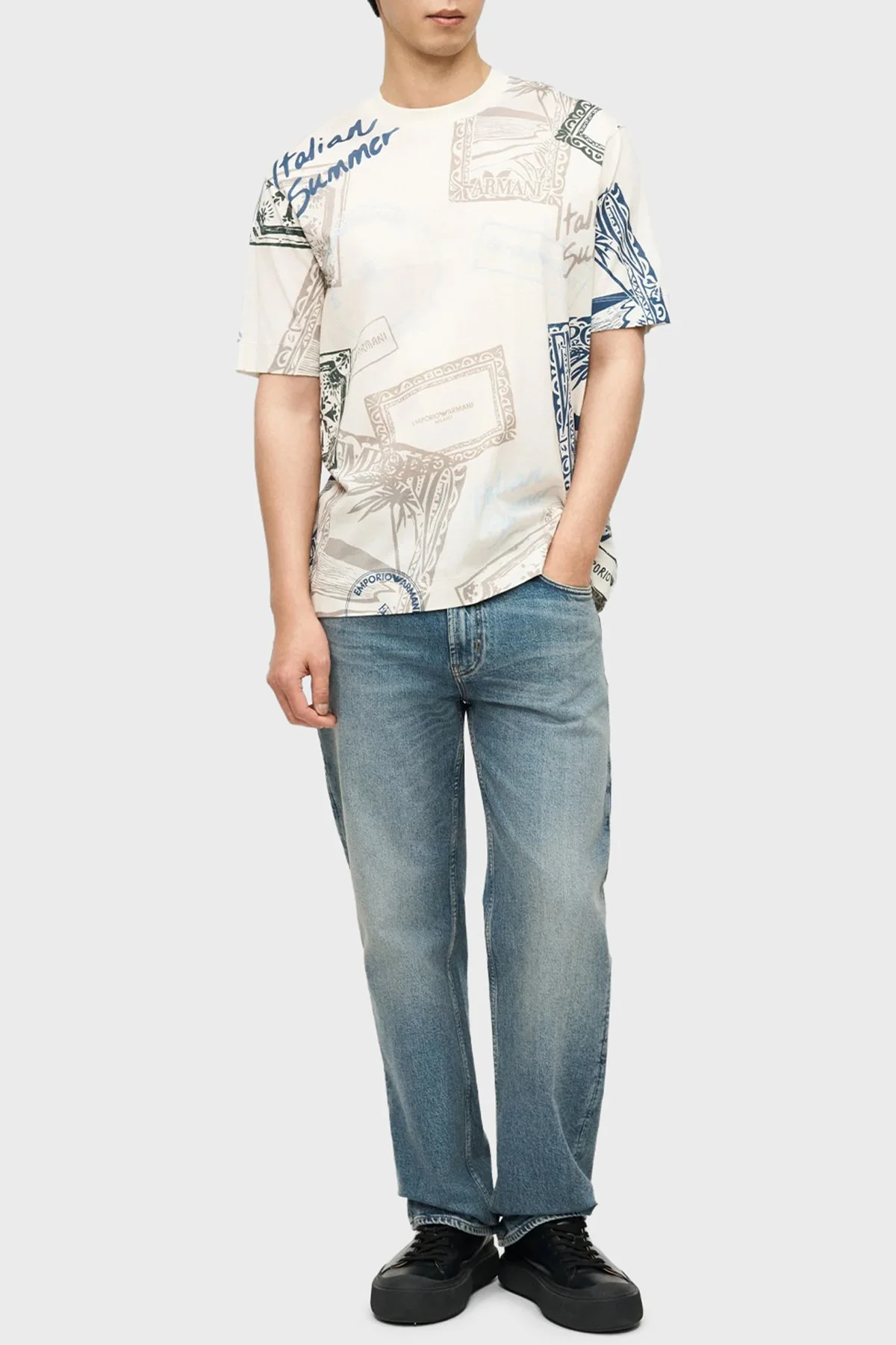 Emporio Armani Pamuk Karışımlı Regular Fit Baskılı Bisiklet Yaka Erkek T Shirt EM005274 AF24857 M0359 KREM - 2