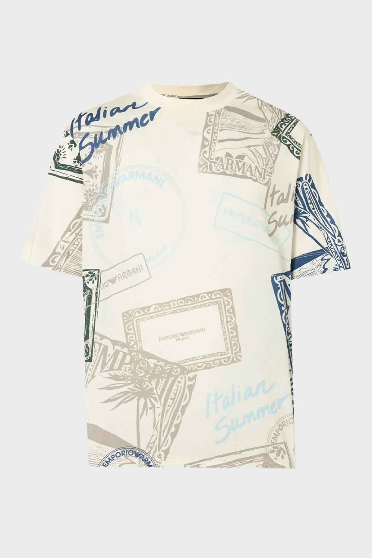 Emporio Armani Pamuk Karışımlı Regular Fit Baskılı Bisiklet Yaka Erkek T Shirt EM005274 AF24857 M0359 KREM - 5