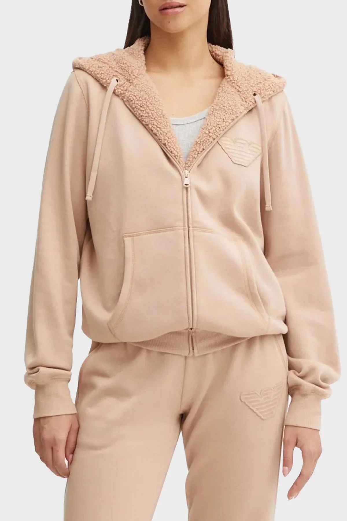 Emporio Armani Pamuk Karışımlı Regular Fit Kapüşonlu Fermuarlı Bayan Sweat 1646104 F2561 6355 BEJ - 1