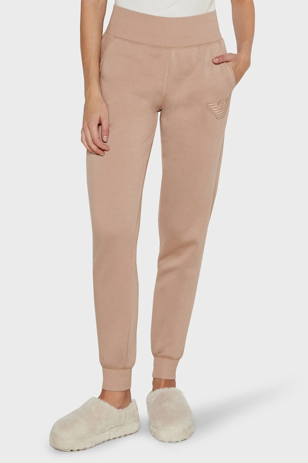 Emporio Armani Pamuk Karışımlı Regular Fit Yüksek Bel Ribanalı Paça Jogger Bayan Pantolon 164908 4F256 16355 BEJ - 5