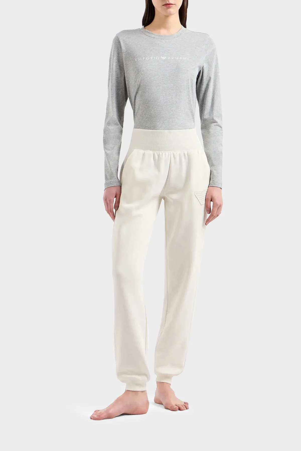 Emporio Armani Pamuk Karışımlı Regular Fit Yüksel Bel Ribanalı Paça Jogger Bayan Pantolon 1649084 F2569 2810 EKRU - 1