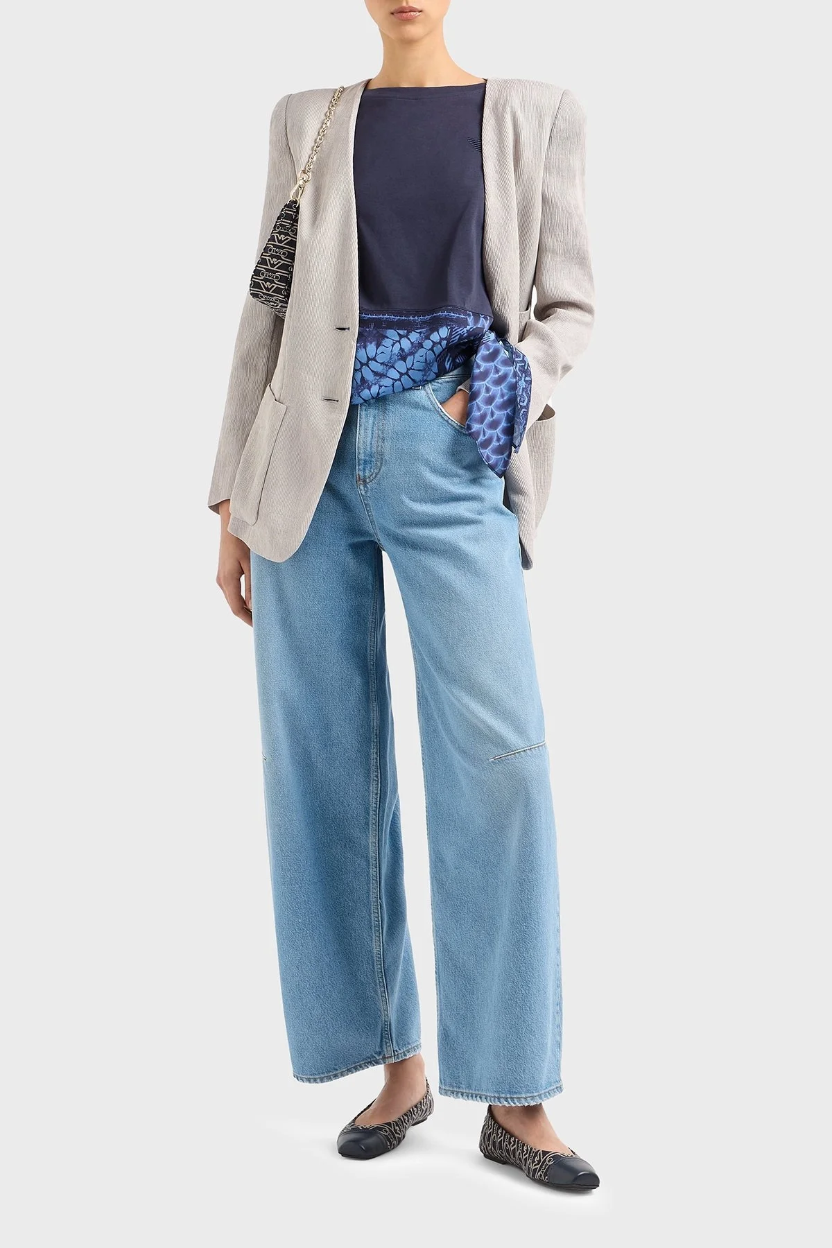 Emporio Armani Pamuk Regular Fit Saten Detaylı Bayan T Shirt EW001524 AF12597 FB119 LACİVERT - 7