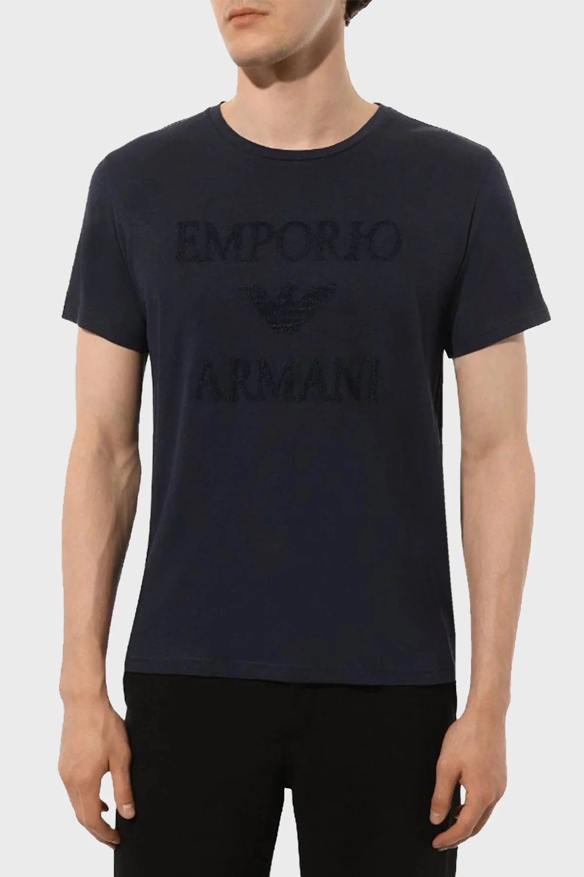 Emporio Armani Pamuk ve Keten Karışımlı Slim Fit Erkek T Shirt 211818 3R485 00020 SİYAH - 1