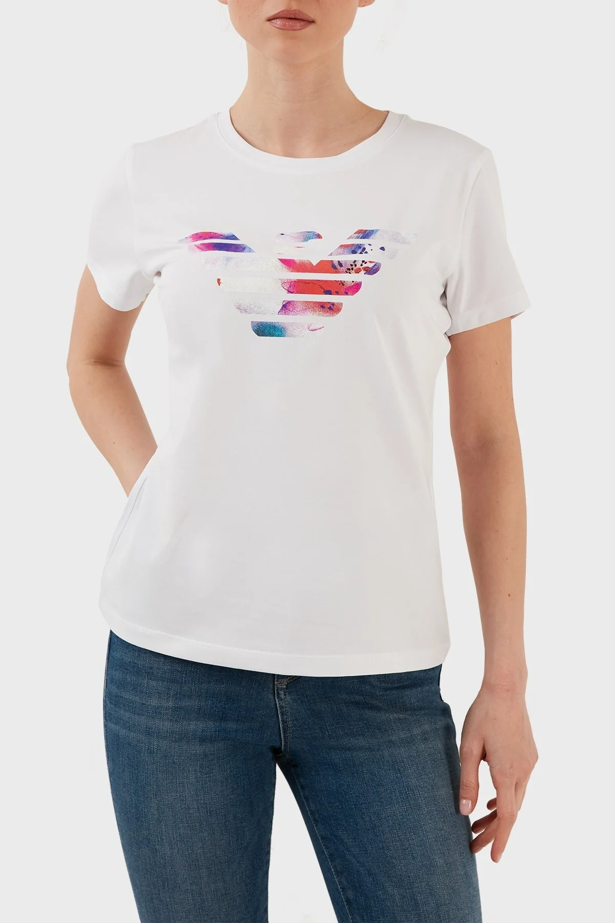 Emporio Armani Pamuklu Baskılı Regular Fit Bisiklet Yaka Bayan T Shirt 3R2T7N 2J07Z 0100 BEYAZ - 1