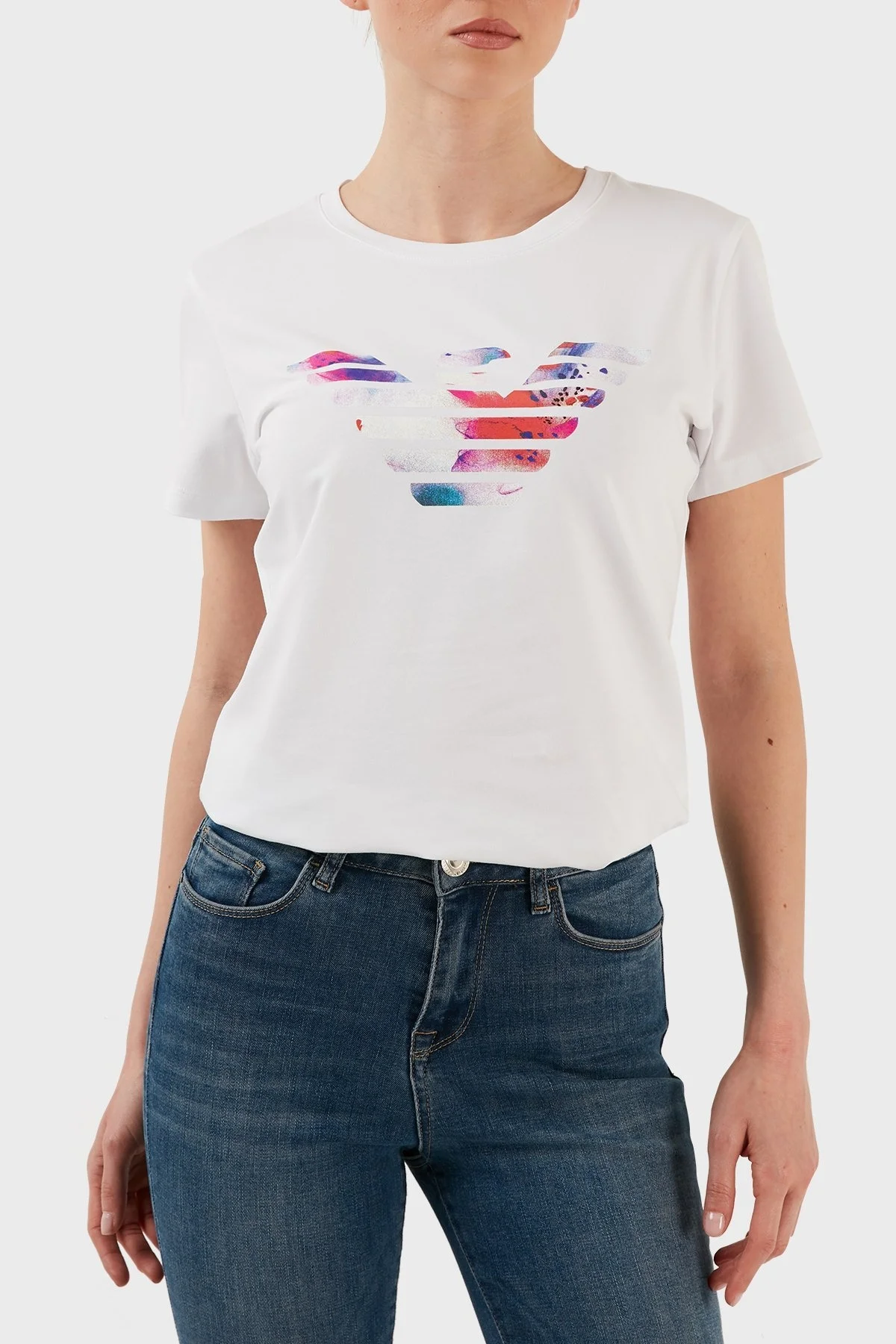 Emporio Armani Pamuklu Baskılı Regular Fit Bisiklet Yaka Bayan T Shirt 3R2T7N 2J07Z 0100 BEYAZ - 3