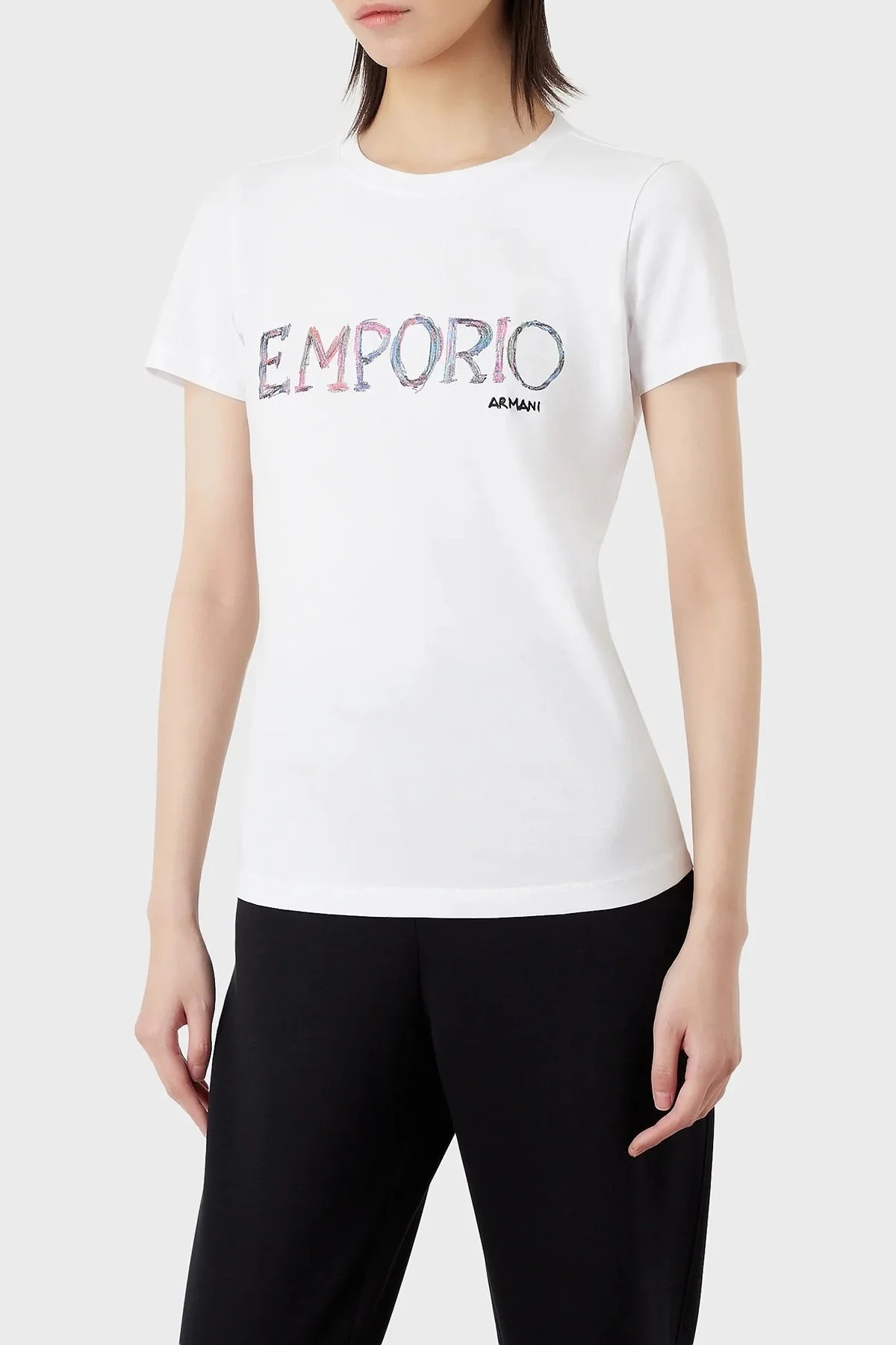 Emporio Armani Pamuklu Baskılı Slim Fit Bisiklet Yaka Bayan T Shirt 3R2T7B 2J07Z 0100 BEYAZ - 1