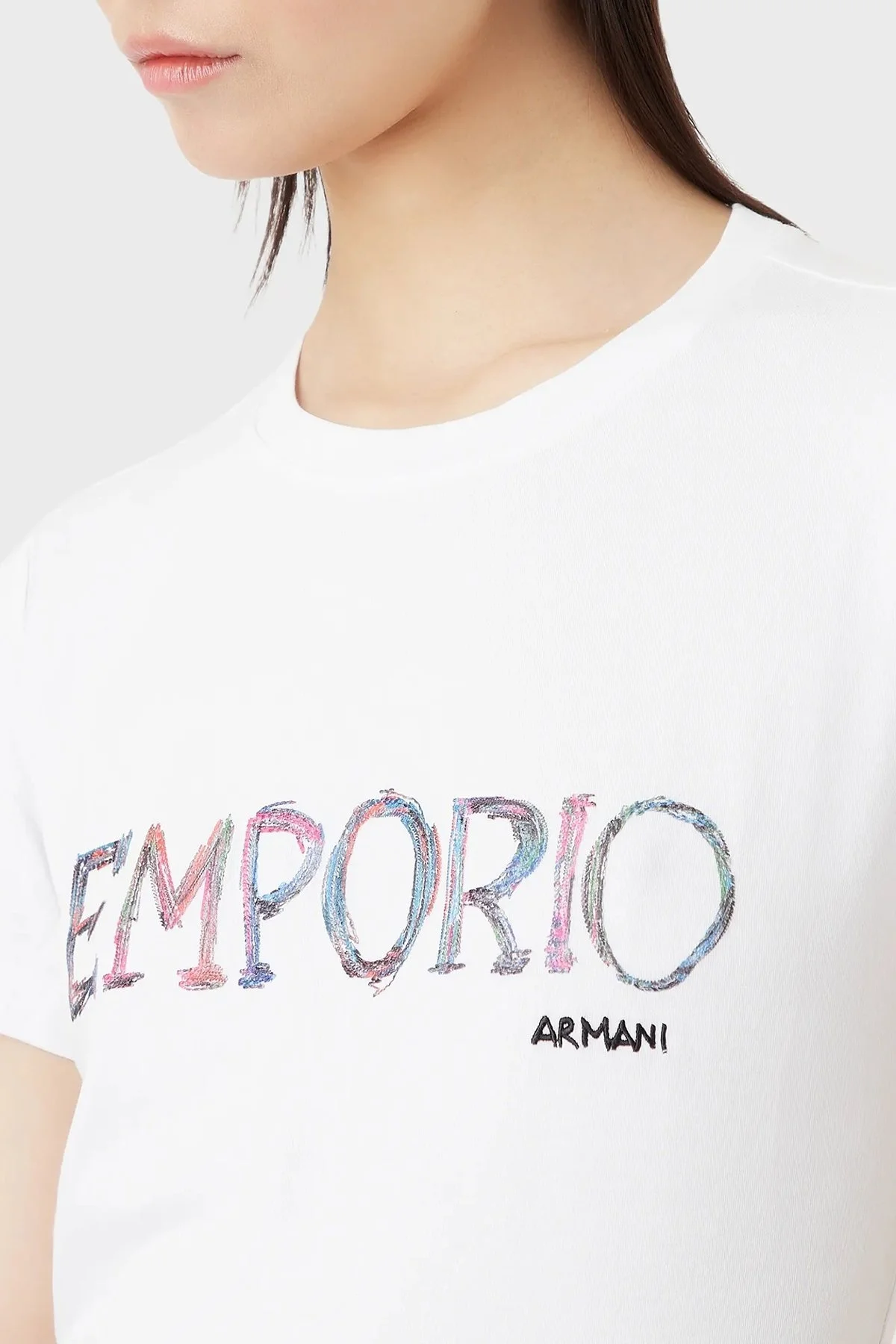 Emporio Armani Pamuklu Baskılı Slim Fit Bisiklet Yaka Bayan T Shirt 3R2T7B 2J07Z 0100 BEYAZ - 2