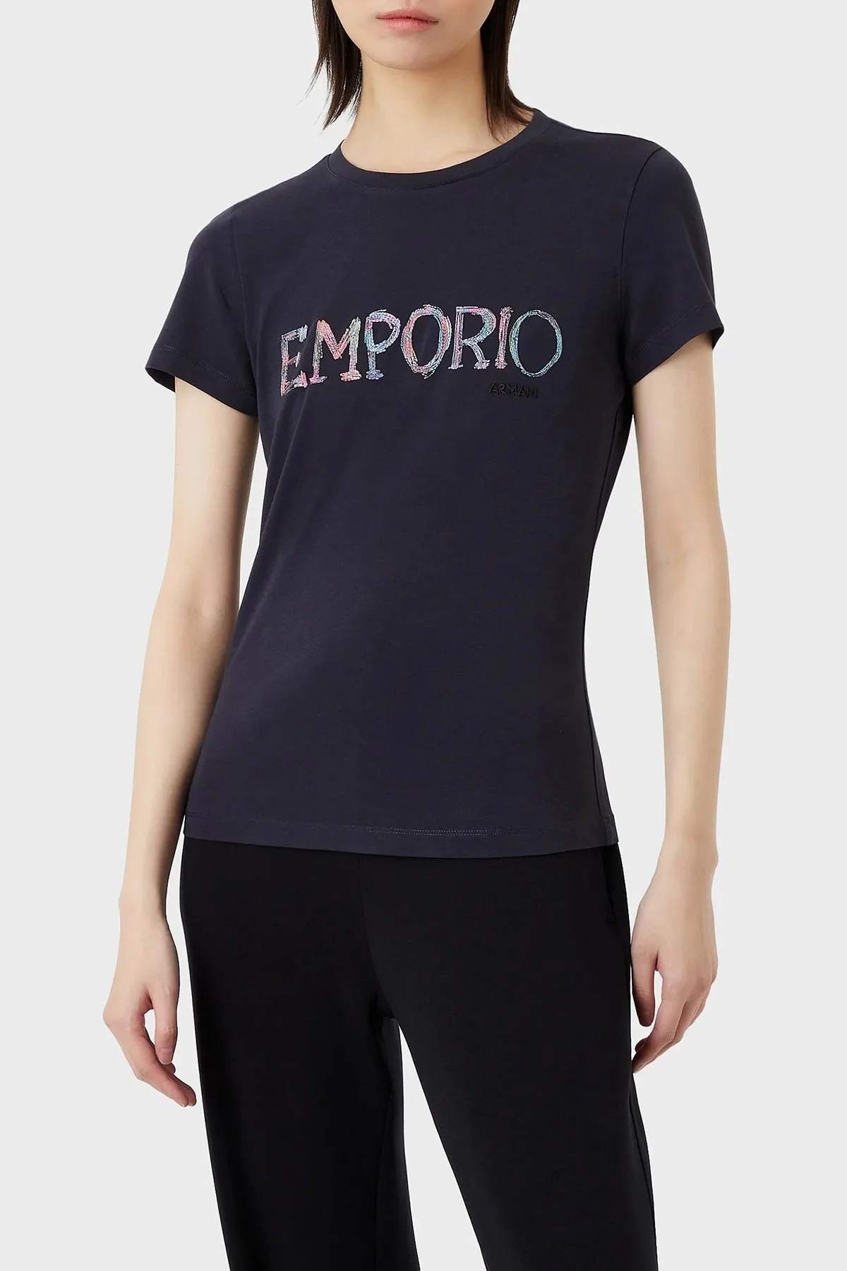 Emporio Armani Pamuklu Baskılı Slim Fit Bisiklet Yaka Bayan T Shirt 3R2T7B 2J07Z 0828 LACİVERT - 1
