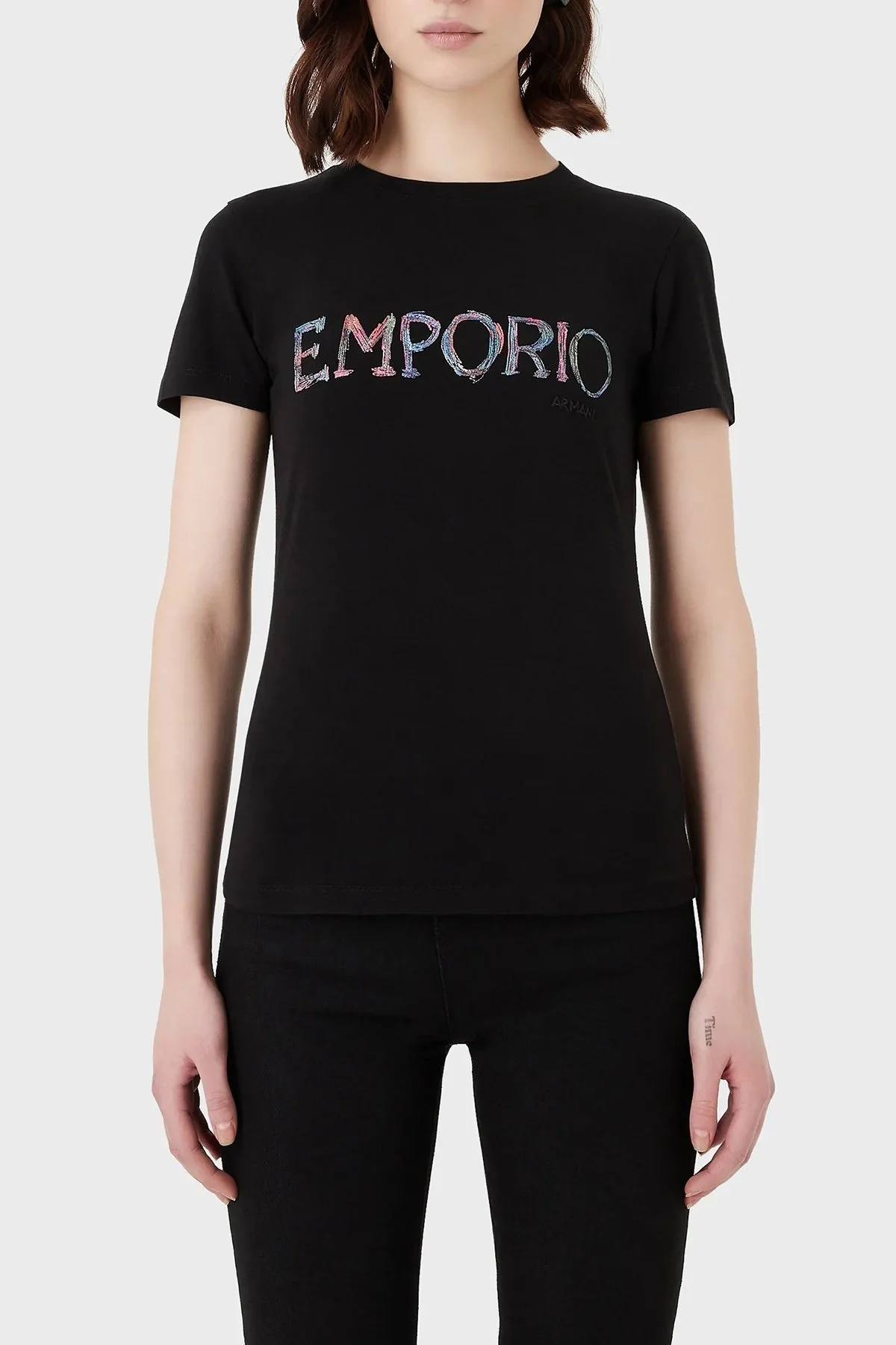 Emporio Armani Pamuklu Baskılı Slim Fit Bisiklet Yaka Bayan T Shirt 3R2T7B 2J07Z 0999 SİYAH - 1