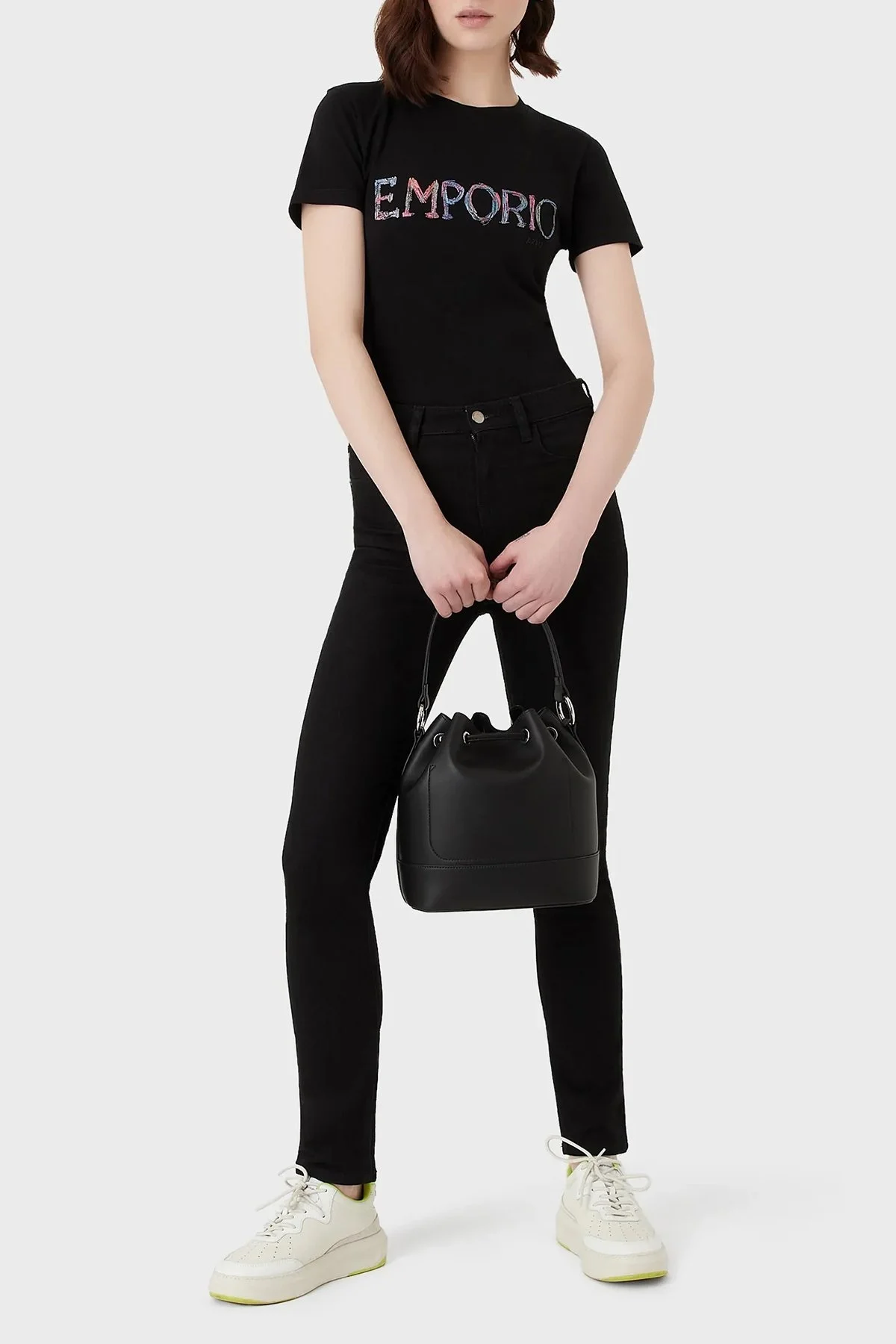 Emporio Armani Pamuklu Baskılı Slim Fit Bisiklet Yaka Bayan T Shirt 3R2T7B 2J07Z 0999 SİYAH - 3